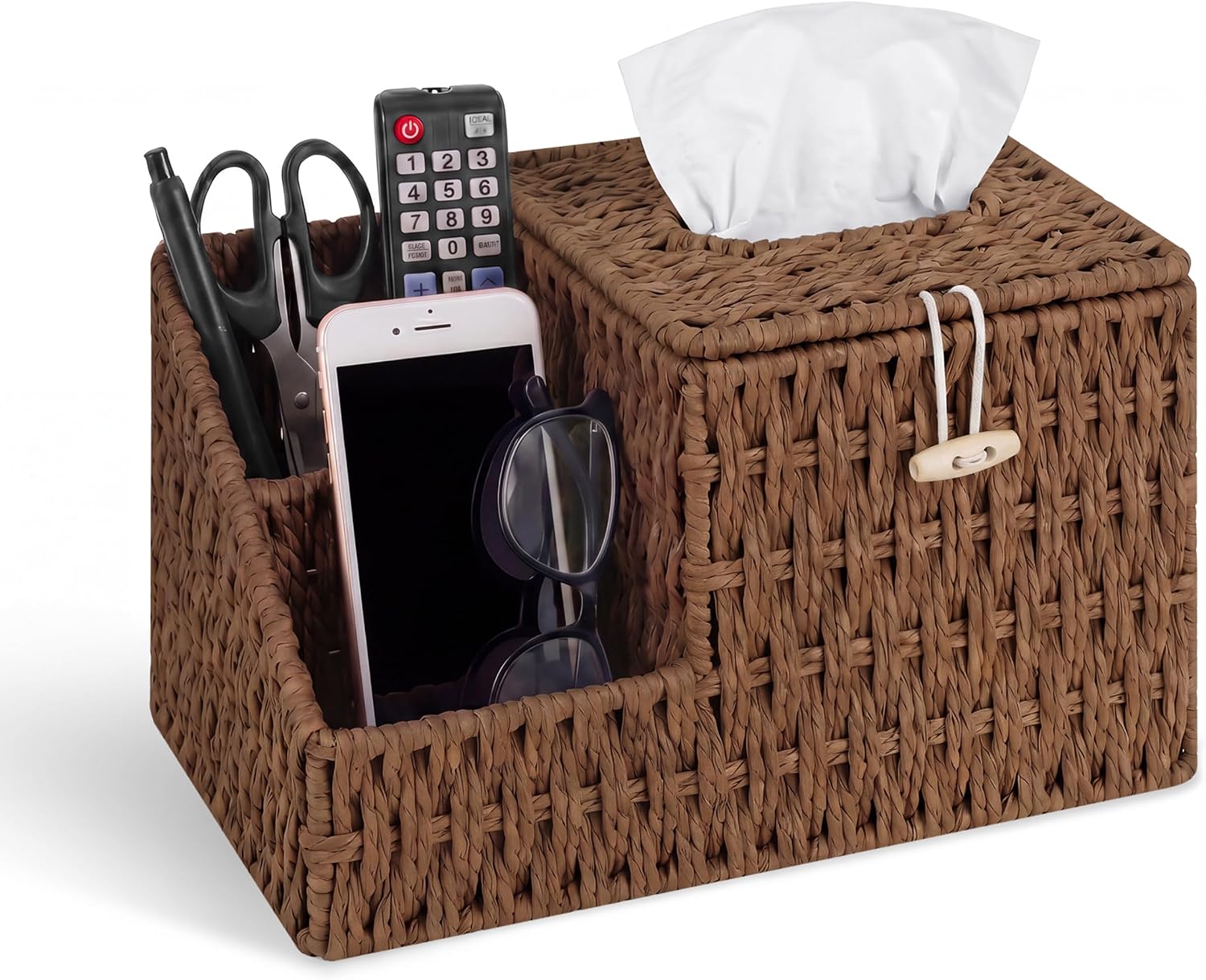 Tissue Box Cover with Storage, Wicker Paper Rope Square Tissue Box Holder | Tissue Remote Control Holder,Handwoven Decorative Cube Tissue Box Organizer for Bedroom Nightstand End Table,Brown
