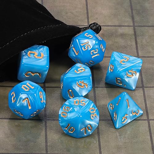 Miniatura 6 de CiaraQ DND - Juego de dados poliédricos con bolsa de dados para juegos de rol de Dungeons and Dragons RPG MTG (fuente azul + dorada)