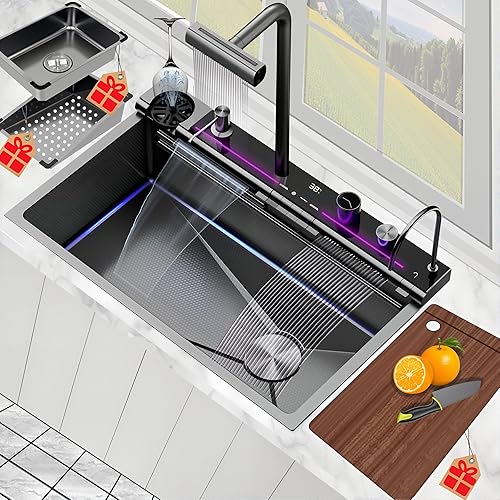 Kitchen Sink, Smart Waterfall Sinks Drop In Workstation with Cup Washer & Pull Down Faucet, 29.5 Inch Stainless Steel Undermount Single Bowl Basin, Household Modern Sinks for RV,Farmhouse,Bar
