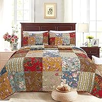Cozy Line Home Fashions 100% Cotton Reversible Patchwork Quilt Set Queen, Floral Plaid Farmhouse Bedspread 3-Piece (Khaki Red)