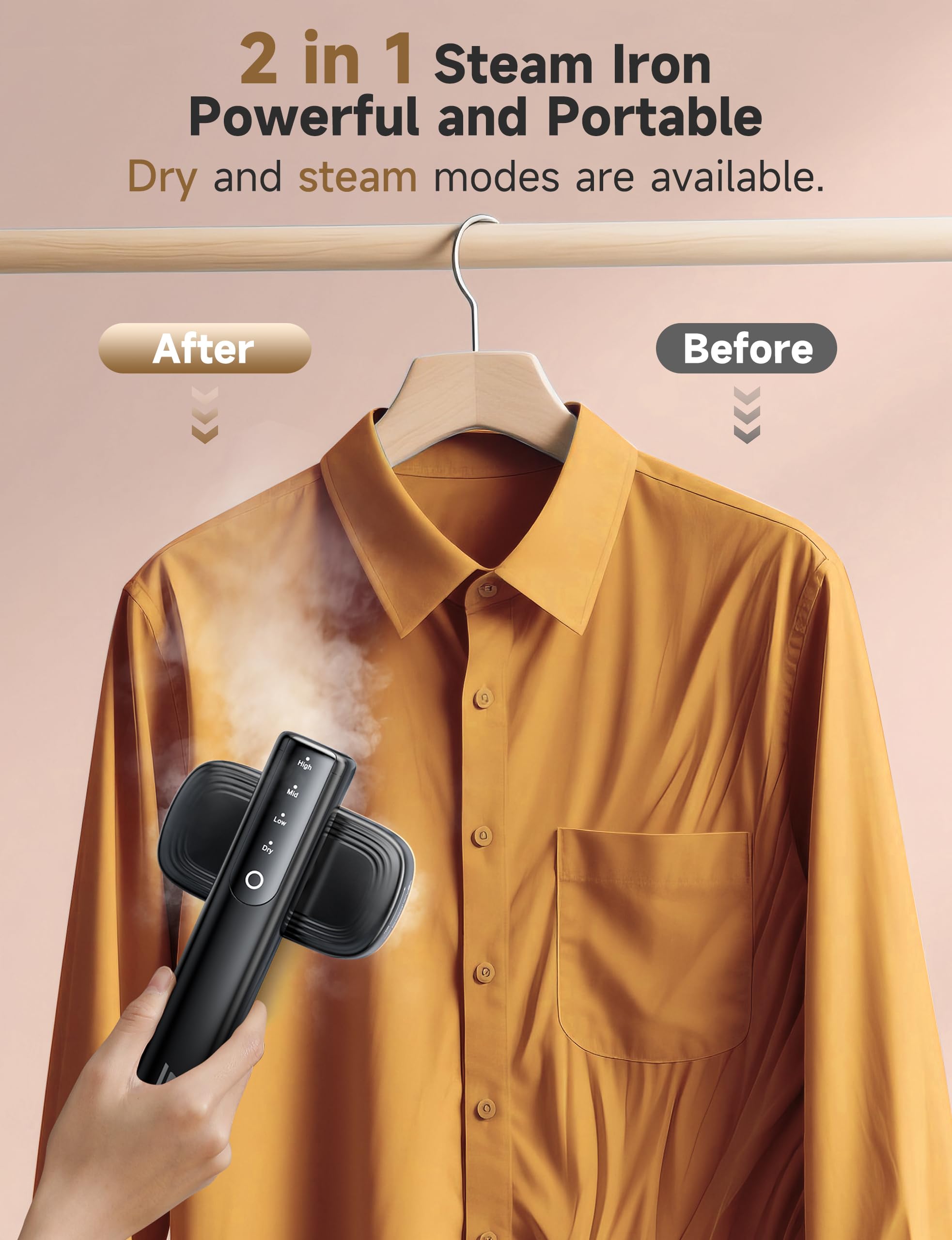 Steamer for Clothes,Sundu Portable 2-in-1 Steamer & Iron,100ml Tank,15s Heat-up,20 Min Steam,Wrinkle Remover,Garment Steamer for Travel, Home, Office(Raven Black) - 3