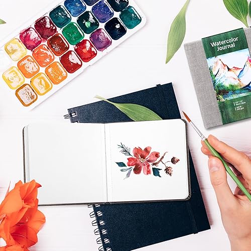 Miniatura 6 de Dispowreath Juego de 4 cuadernos de bocetos de acuarela con bolígrafos de pincel de acuarela, papel de algodón de 300 GSM, cuaderno portátil