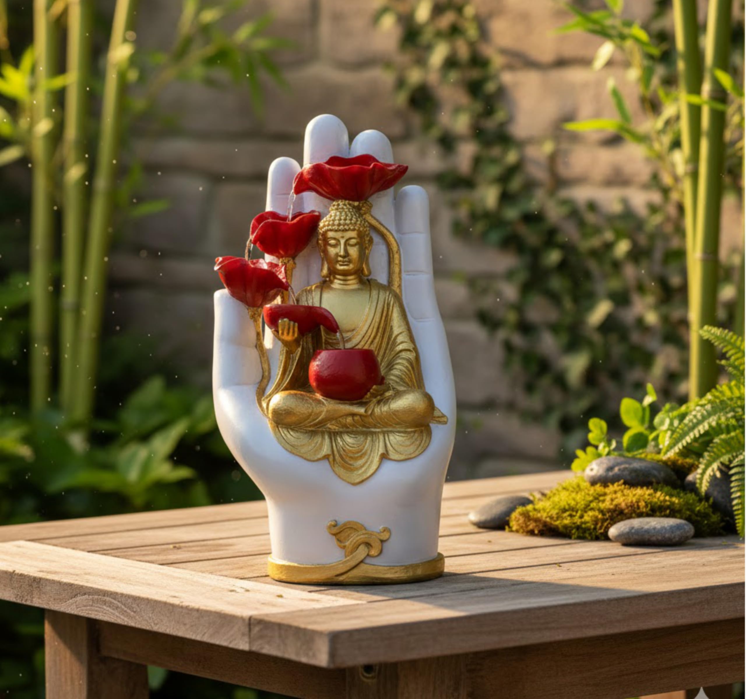 Statue de Bouddha Fontaine Solaire 58cm, Recharge USB ou Panneau Solaire câble 5m & télécommande, Décoration Jardin Fontaine Zen LED, Bouddha Decoration Intérieur & Extérieur