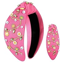 Vista 15 de Diademas anudadas con perlas para mujer, diademas de flores impresas con cristal de diamantes de imitación y cuentas brillantes adornadas con nudo