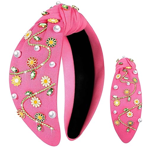 Miniatura 15 de Diademas anudadas con perlas para mujer, diademas de flores impresas con cristal de diamantes de imitación y cuentas brillantes adornadas con nudo