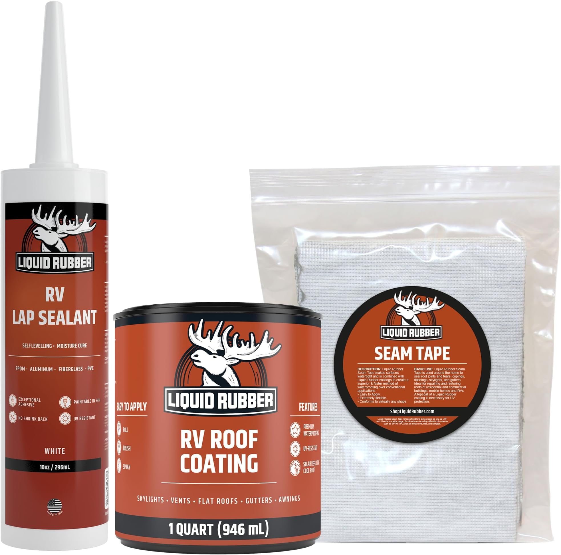 Liquid Rubber RV Roof Coating Solar Reflective Waterproof Trailer Repair Kit Includes: RV Sealer 1 Quart, Seam Tape - 4"x12.5', 1 Tube RV Lap Sealant