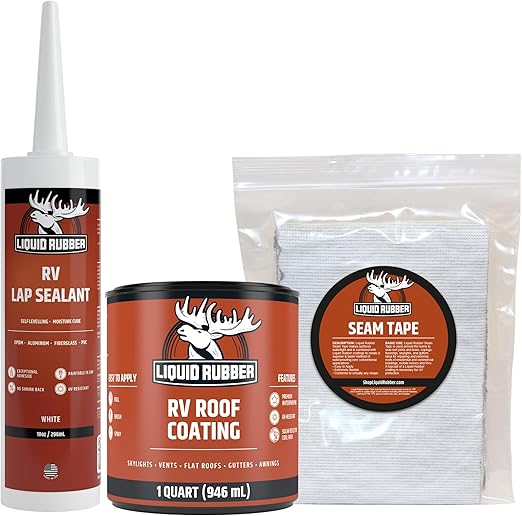 Liquid Rubber RV Roof Coating Solar Reflective Waterproof Trailer Repair Kit Includes: RV Sealer 1 Quart, Seam Tape - 4"x12.5', 1 Tube RV Lap Sealant