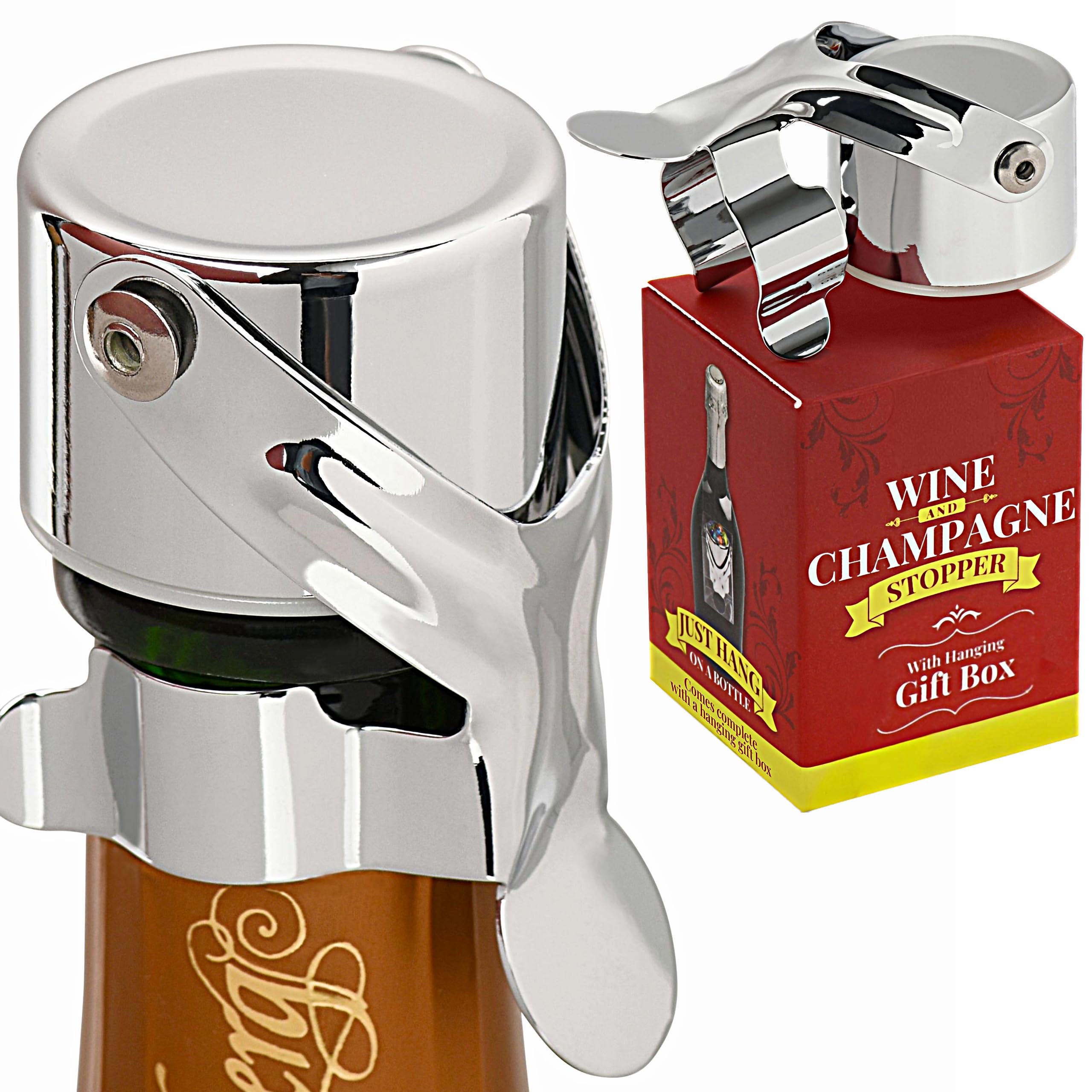 Wine Stopper & Champagne Stopper All In One - Patented Seal, Preserves Bubbles & Taste for Prosecco, Cava, and Wine – 1 Pro Grade Chrome Evan James Bottle Stopper With Hanging Gift Box