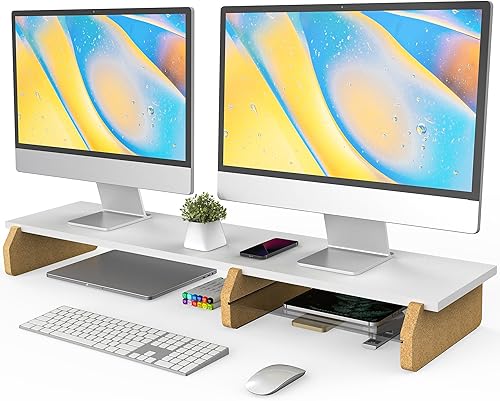 Fenge Soporte de monitor doble, elevador de monitor para escritorio, 42.5 pulgadas, organizador de escritorio para 2 monitores, organizador de