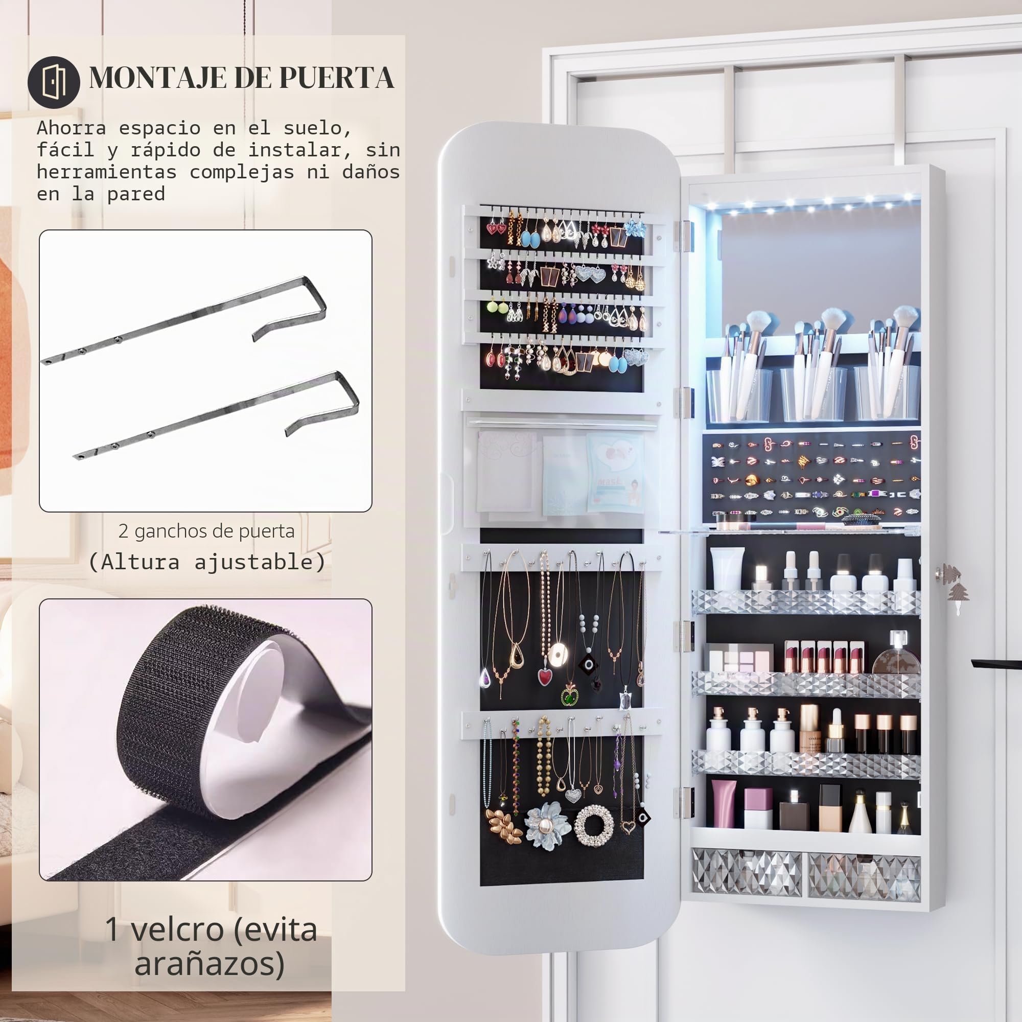 Vlsrka Oval Armario Joyero con Luz, LED Armario Espejo Joyero de pared, Espejo joyeros de puerta con Cerradura, Armario Espejo colgante Con luces, Ovalado Espejo joyeros, Regalo mujere, Blanco