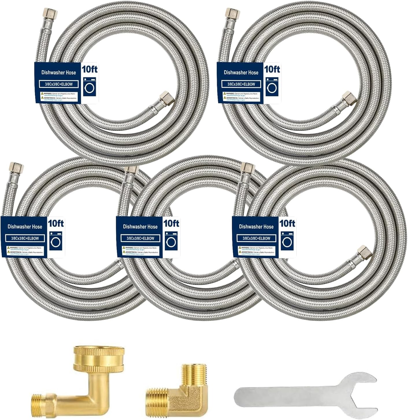 10FT Dishwasher Hose with Elbow – Stainless Steel Braided Supply Line, 3/8" Compression to 3/8" Elbow, Universal Fit, Burst Proof, NSF/Lead-Free Certified, 10-Year Warranty