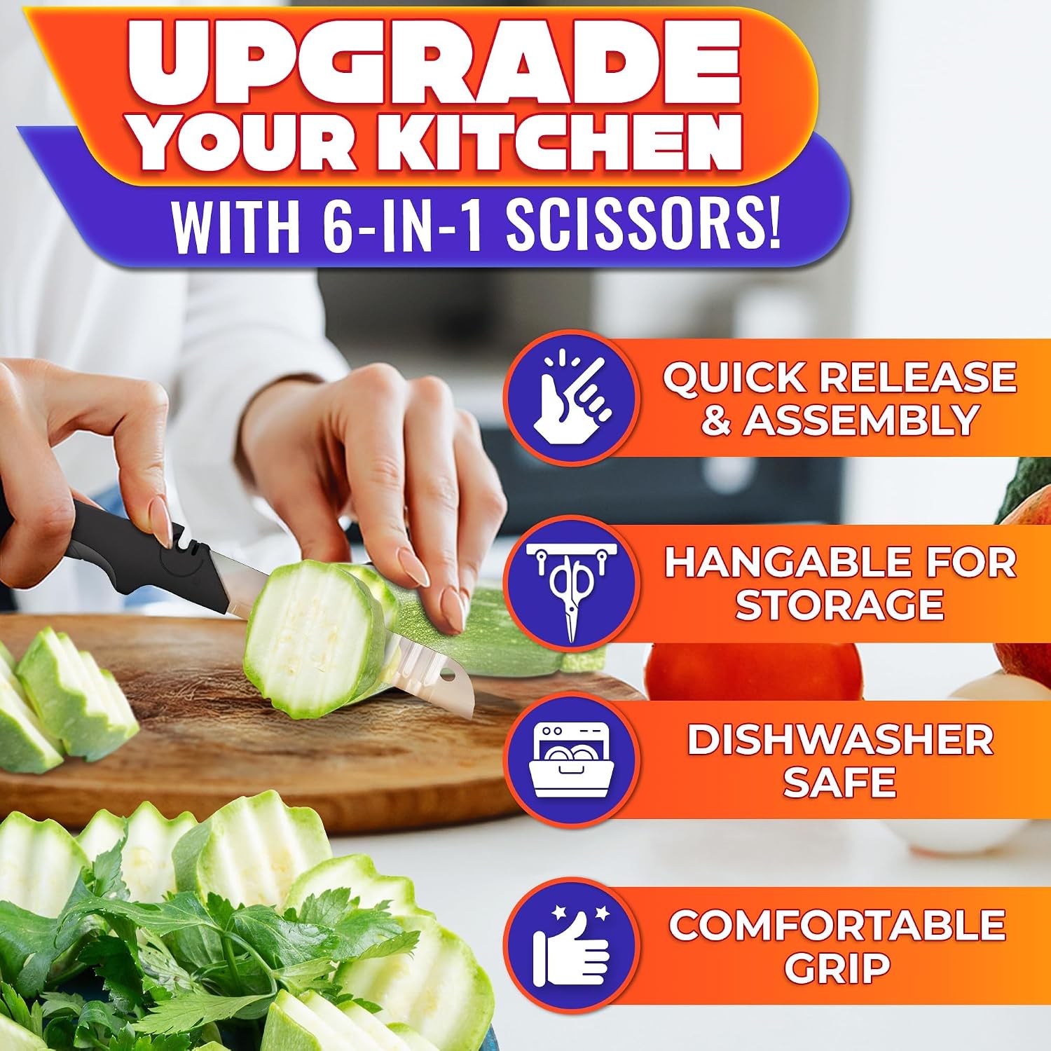 7-in-1 Cutting Board Scissors for Food with Ribbed Blades & Chopping Board | Heavy Duty Vegetable Scissors Food Cutter, Spring Assist, Safety Lock, Dishwasher Safe, Suitable for Meat & Vegetables