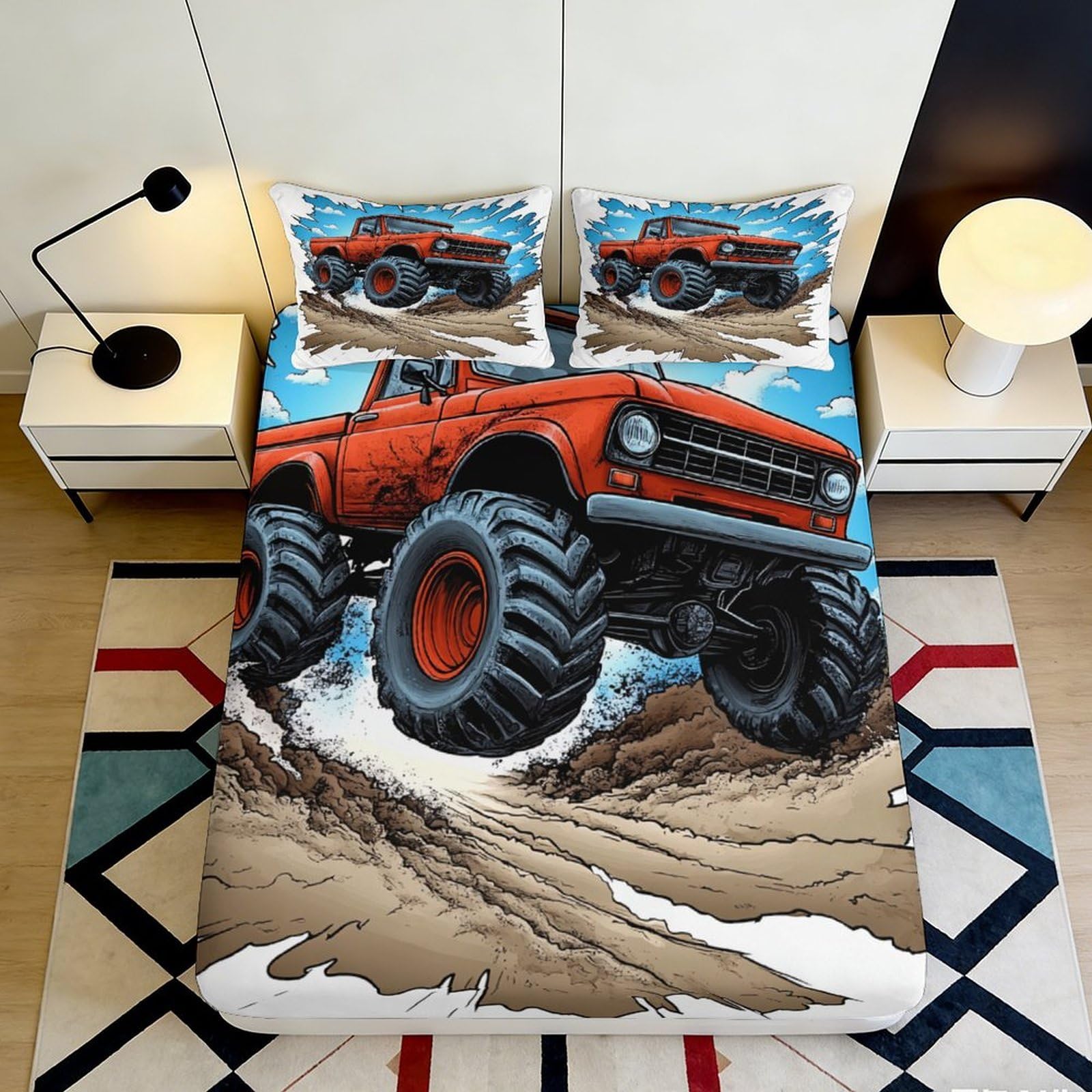 Rqzkjxnhpf Style-10 3D Printed Monster Truck Fitted Sheet Microfiber Deep Pocket Elastic Hem Monster Truck Mattress Fitted Cover Washable Bedding Protector 200X200x25cm 90X200x25cm