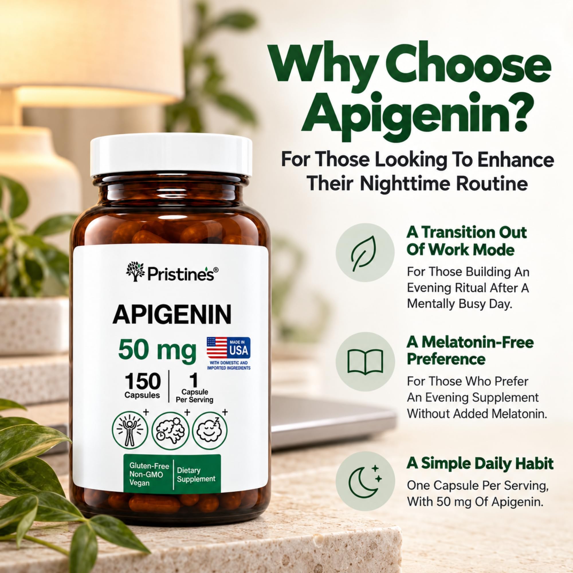 PRISTINE'S Apigenin 50mg Capsules, Apigenin Supplement for Sleep Support — Amazon image 4