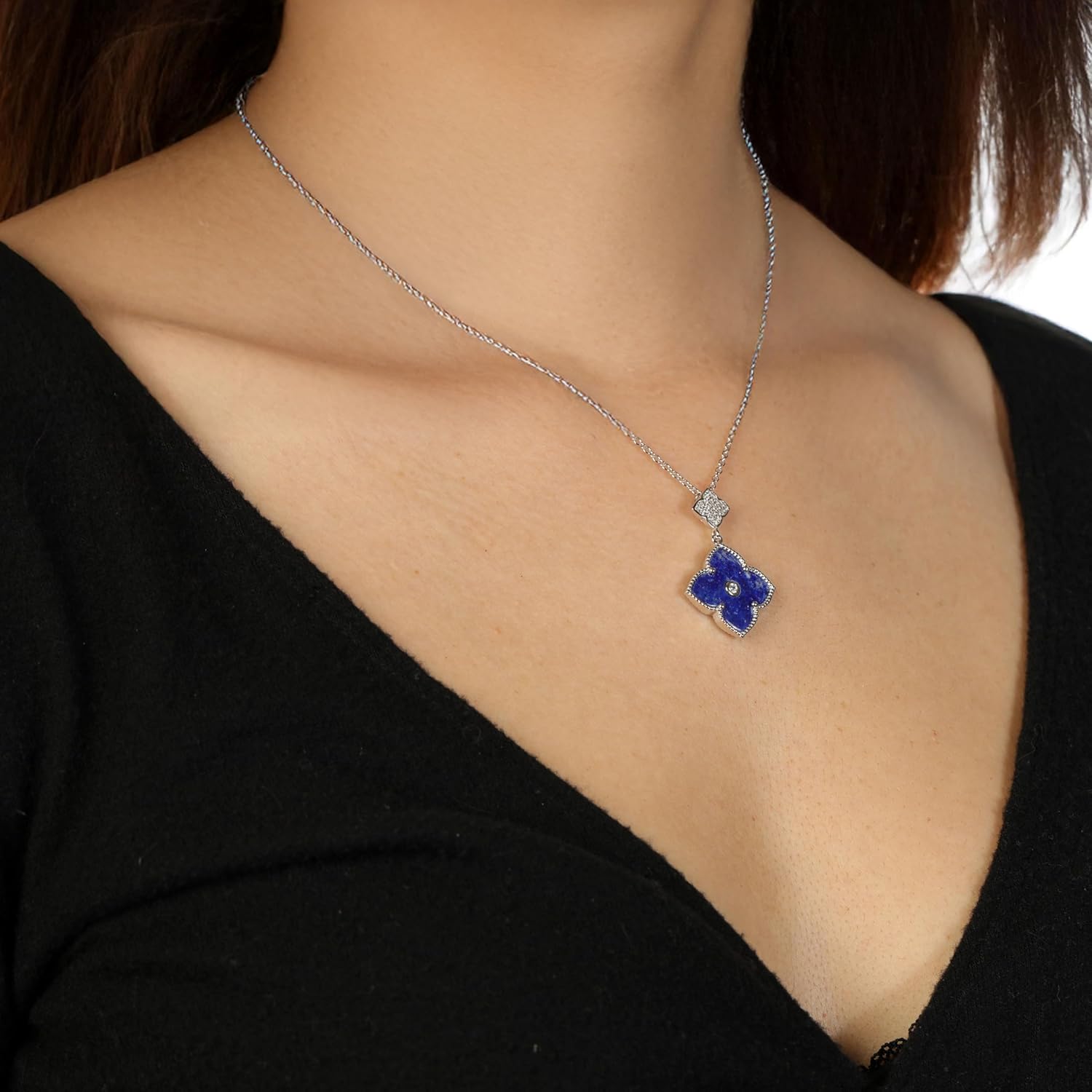 Lavari Jewelers Black Onyx or Mother of Pearl and Cubic Zirconia Double Flower Pendant Necklace in 925 Sterling Silver with Gold Plating 16 to 18 Inches Adjustable Chain Spring Ring - Image 2