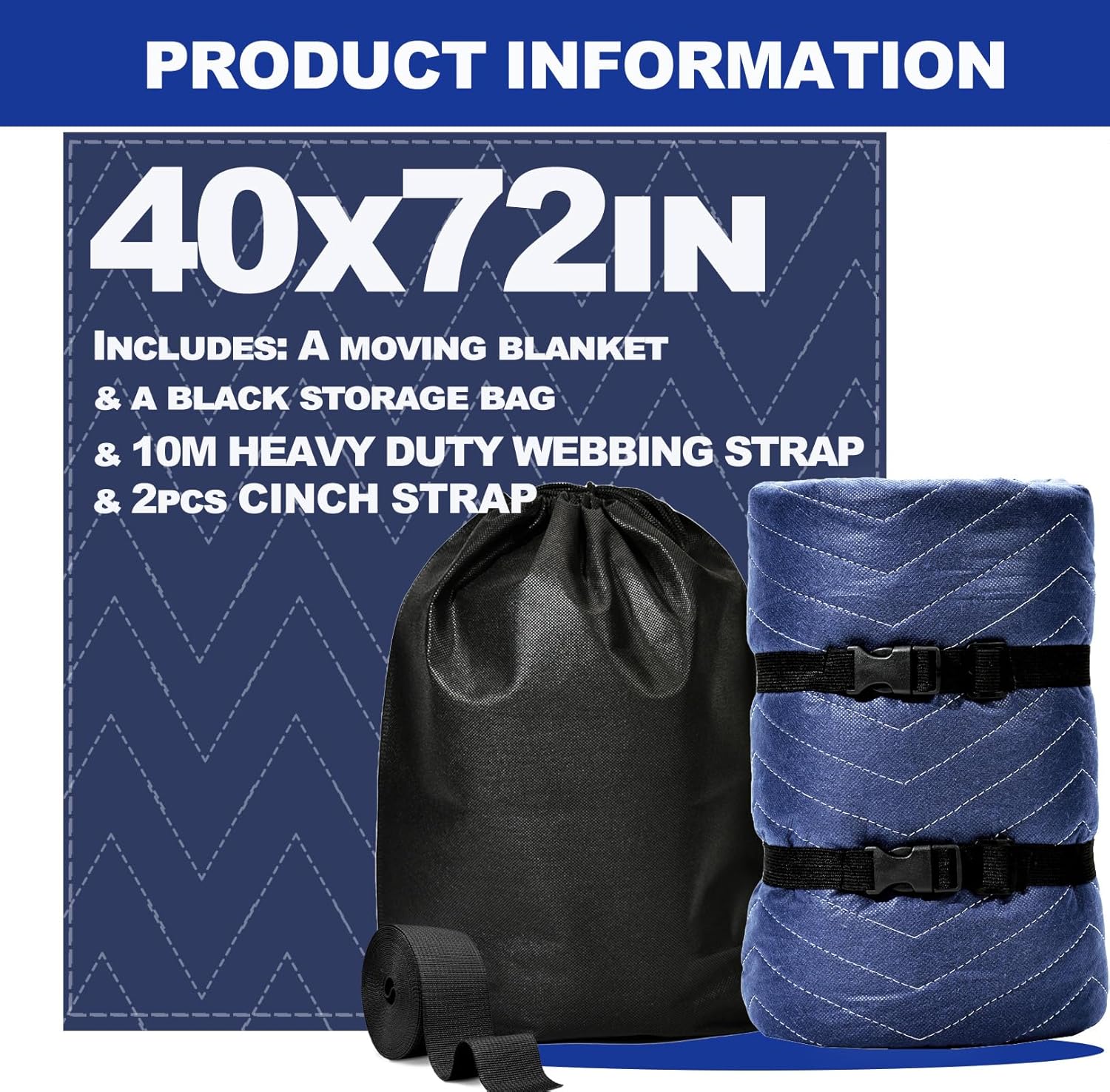 Heavy Duty Moving Blanket 40" x 72", Reusable Furniture Protection Pad with 10m Strap & Storage Bag, Thick Quilted Washable Packing Covers Supplies for Furniture, Appliances, Piano, Shipping, Cargo