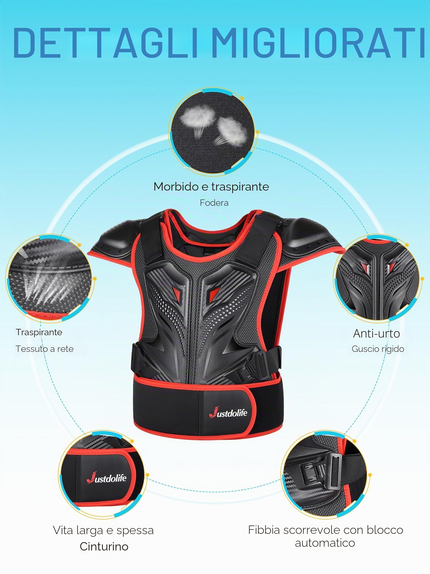 Armatura Moto per Bambini - JUSTDOLIFE Protettore Motocross a Guscio Spesso per Giovani Adolescenti con Protezioni per Ginocchia Gomiti Braccia e Spalle per Ciclismo Fuoristrada sci (Nero-Rosso)