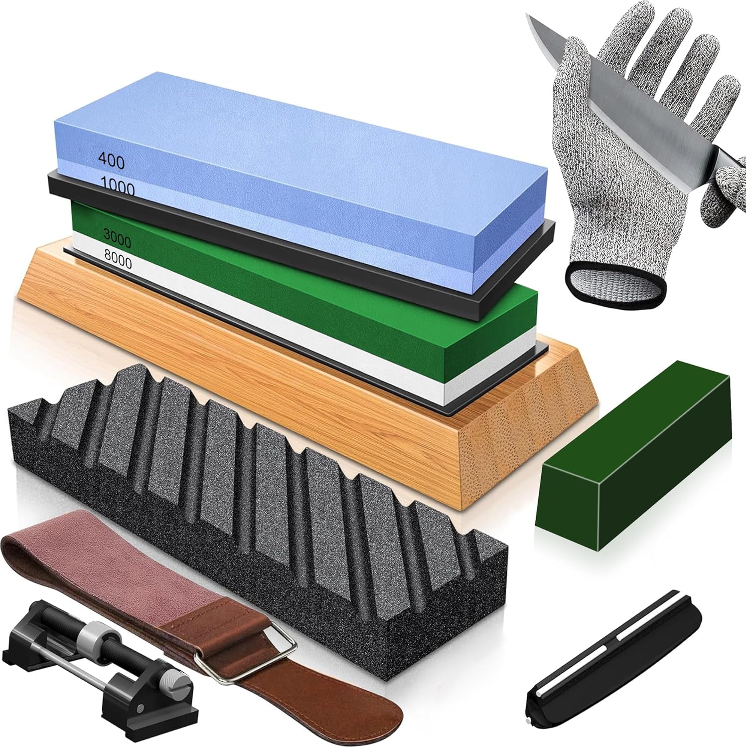 Knife Sharpening Stone Set - Premium 4 Side Grit 400/1000 3000/8000 Whetstone Sharpener Kit - Non-Slip Bamboo Base,Cut Resistant Gloves, Angle Guide,Flatting Stone,Honing Guide,Leather Strop