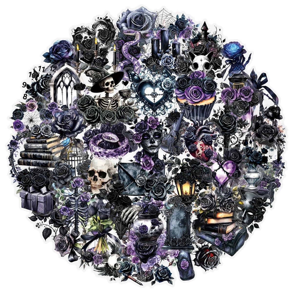 50 PCS Gothic Rose Stickers,Gothic Black Rose Sticker Pack Vinyl Skateboard Guitar Door Laptop Luggage Car Bike Water Bottle Birthday Party Supplies Teens Boys and Girls Decals