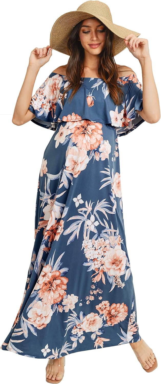 Women's Off Shoulder Ruffle Maxi Maternity Dress (Denim/Blue Flower, Medium)