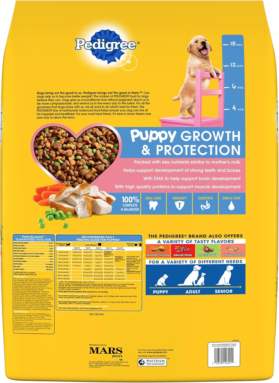 Pedigree Puppy™ Growth and Protection Chicken & Vegetable Flavor Dry Dog Food. 100% Complete and Balanced, for Wellness and Whole Body Health.