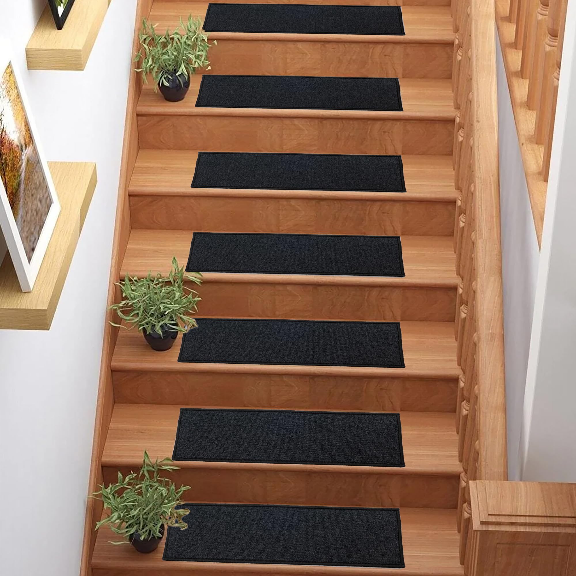Custom Size Low Profile Loop Pile Solid Black Design Stair Treads Set of 13 (Tread Size : 11" x 36")