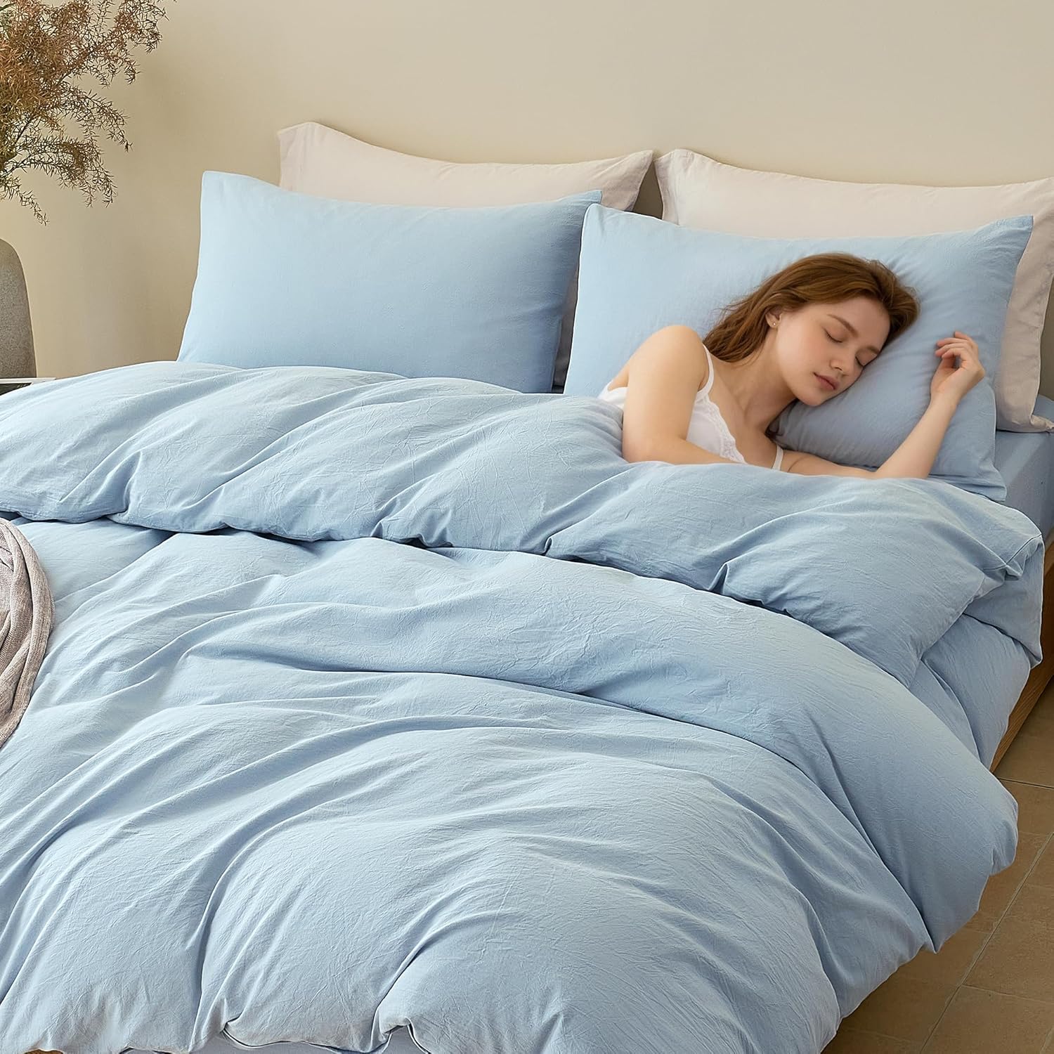 JELLYMONI Duvet Cover King Size - 100% Washed Cotton Comforter Cover with Linen-Like Texture, Breathable & Soft Bedding for Modern Home, Guest Room and Everyday Use,1 Duvet Cover & 2 Pillowcases - Image 9