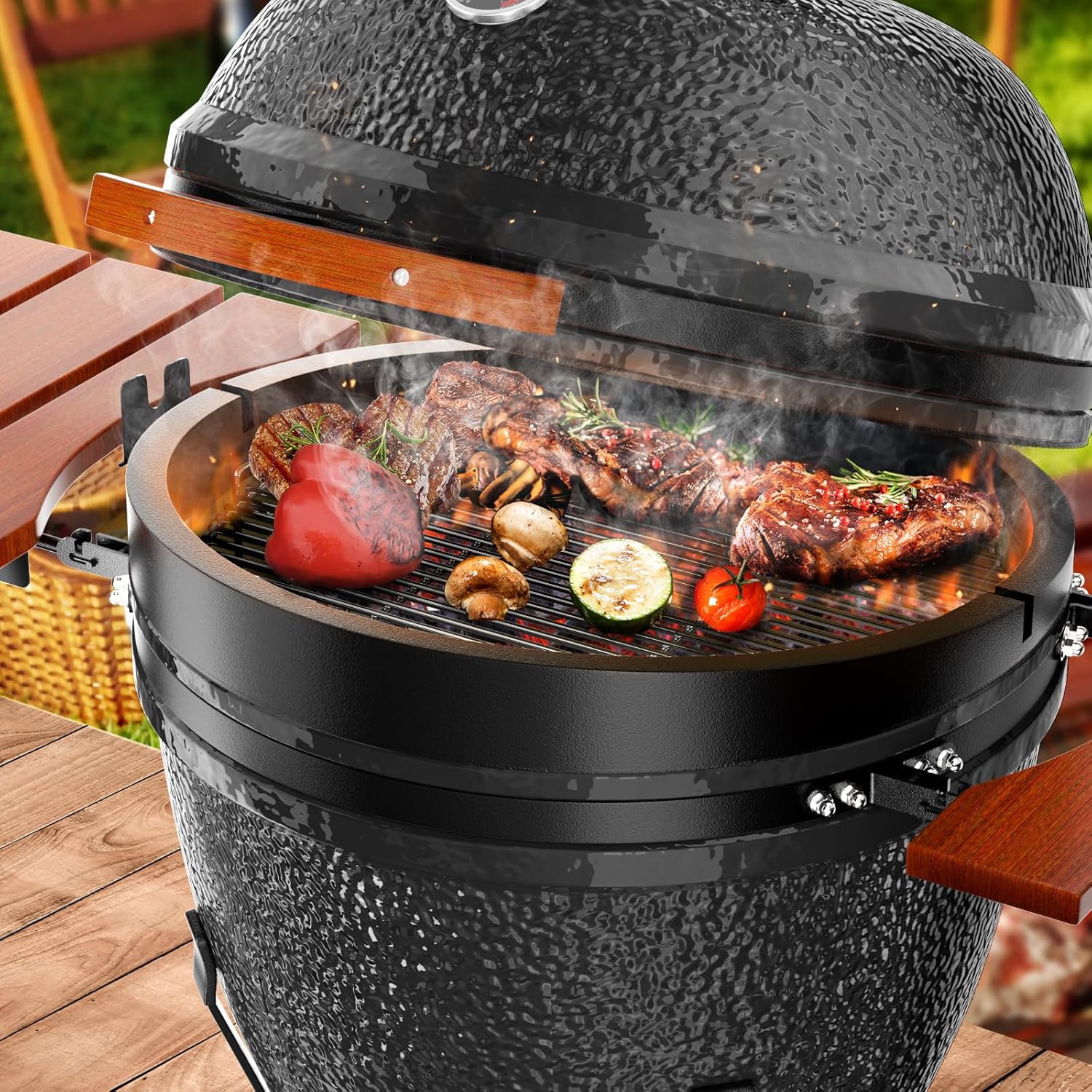 ROOMTEC 18'' Kamado Charcoal Grill with Cover, Portable Camping Grill with Cart and Side Shelves, Tabletop Barbecue Grill for Home Party and Outdoor Backyard Cooking, Black