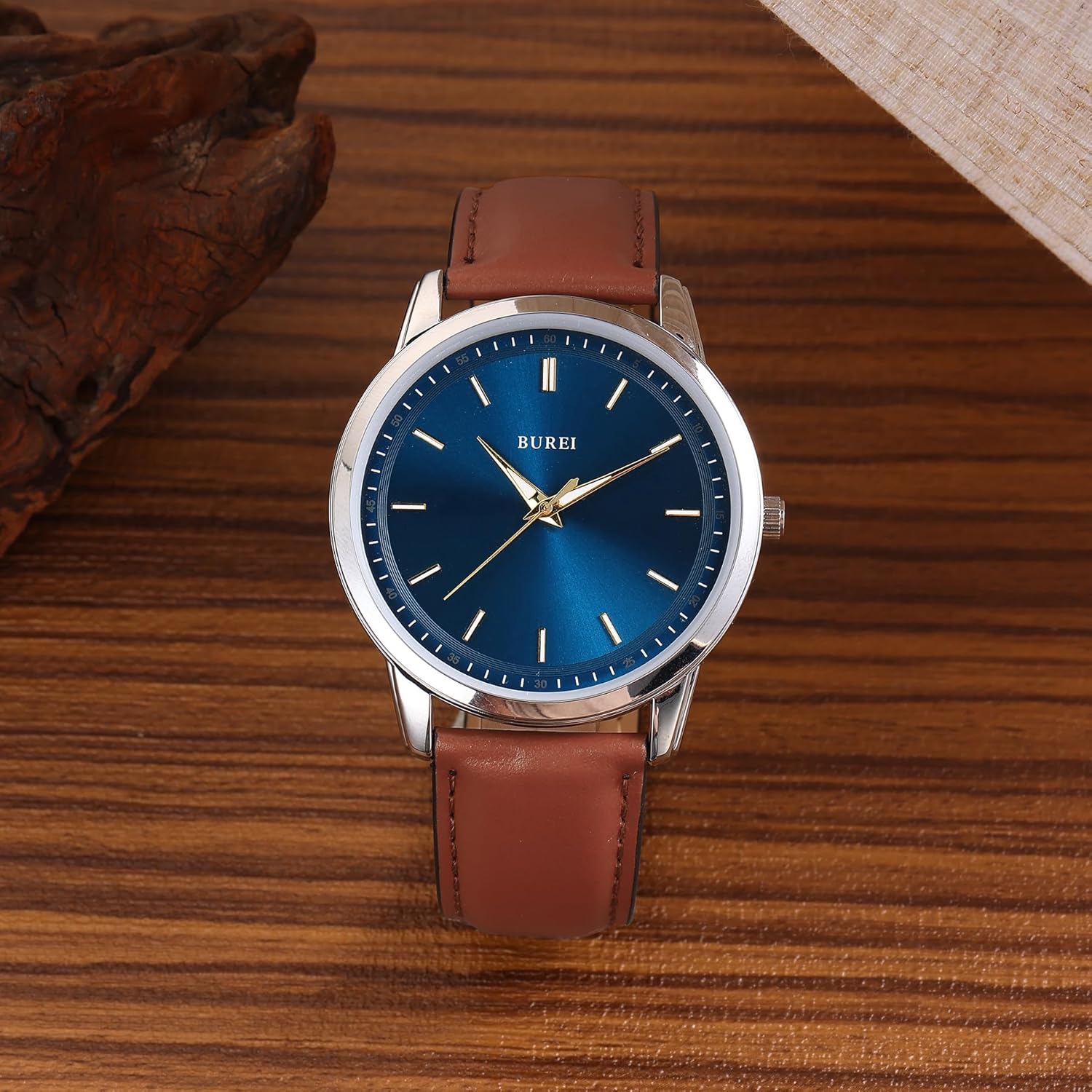 BUREI Mens Fashion Watches Dress Minimalist Wrist Watches for Men Brown Leather Analog Watch Display with Slim Case Design relojes para Hombres - Image 4