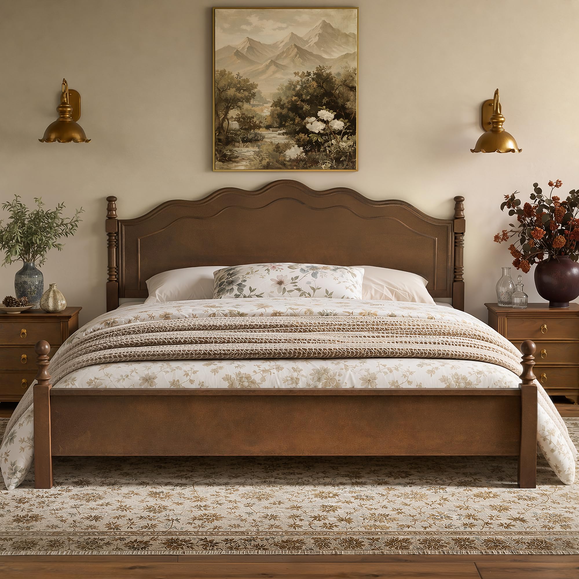 LUMISOL King Size Bed Frame Vintage Style Wood Bed