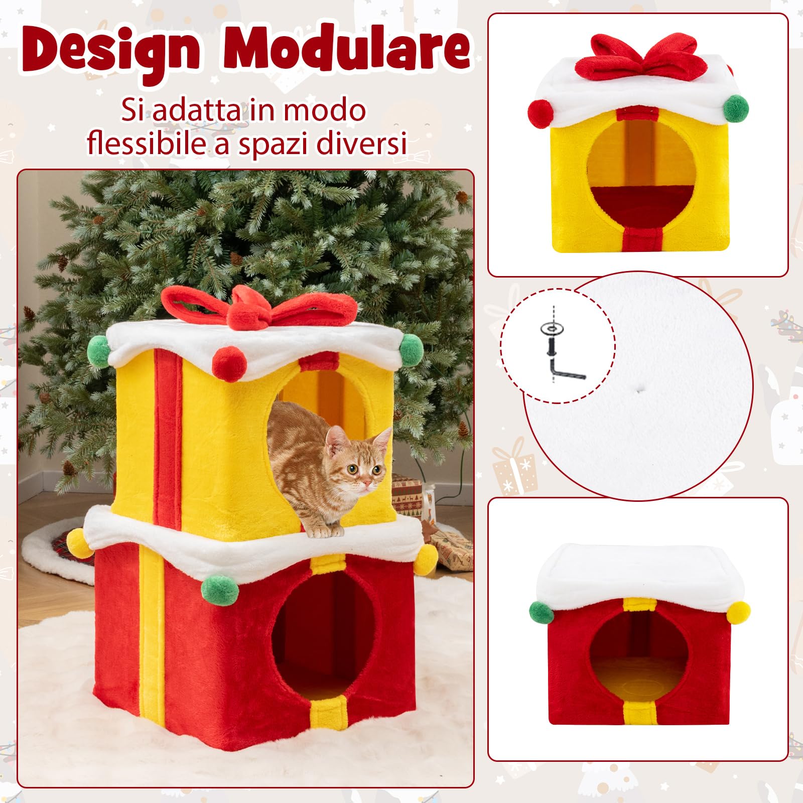 COSTWAY Set 2 Cuccia Cane Interno a 2 Piani, Tiragraffi per Gatto a Forma di Scatola di Natale in Tessuto e MDF, Lettino Gatto Interno per Inverno, Rosso e Giallo