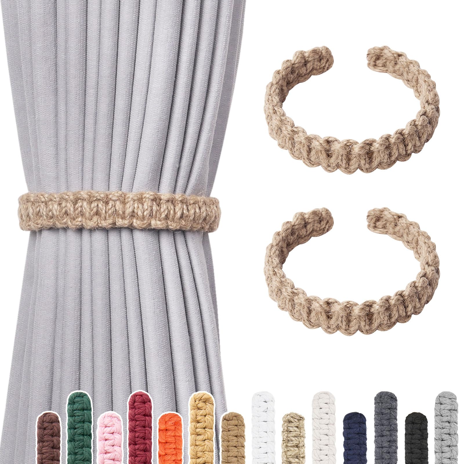 Pretty Jolly 2 Pack Natural Jute Rope Curtain Tiebacks Farmhouse Rustic Style Decorative Drape Tie Backs Handmade Braided Curtain Holdbacks for Home Sheer/Light Weight Drapery (J-Natural-L)