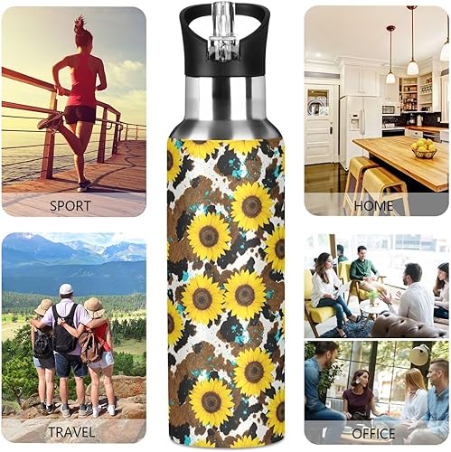 Miniatura 5 de Yellow Sunflowers Rustic Cow Print Stainless Steel Water Bottle 20 Oz Leakproof Water Bottles, BPA-Free Sport Water Bottle Insulated
