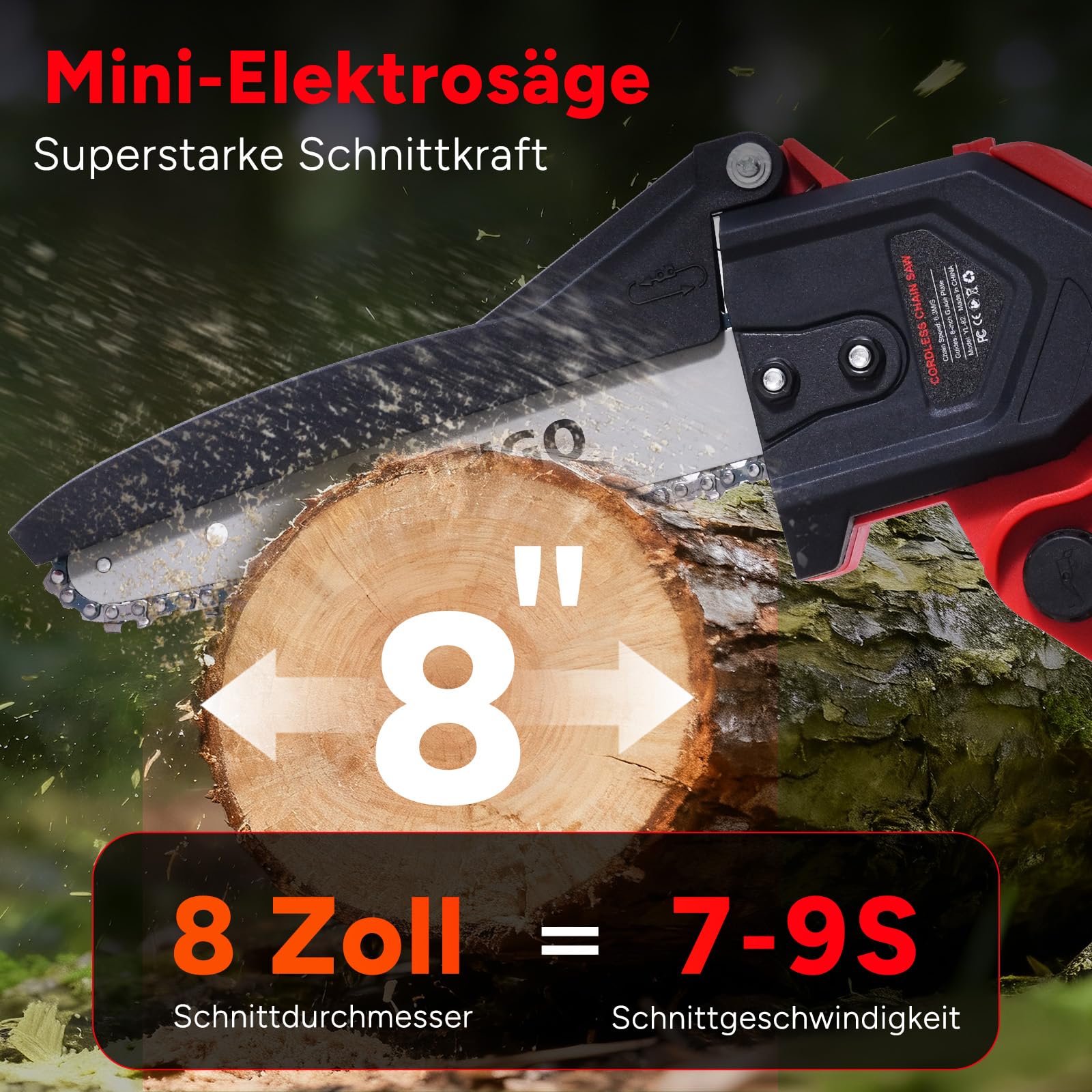 OUTIGO Akku Kettensäge 8 Zoll, Bürstenloser Motor 800W, 2x 4000mAh Lithium-Ionen Akku, Handkettensäge für Baum- und Astschnitt, Gartensäge für Holzarbeiten (mit Ladegerät)