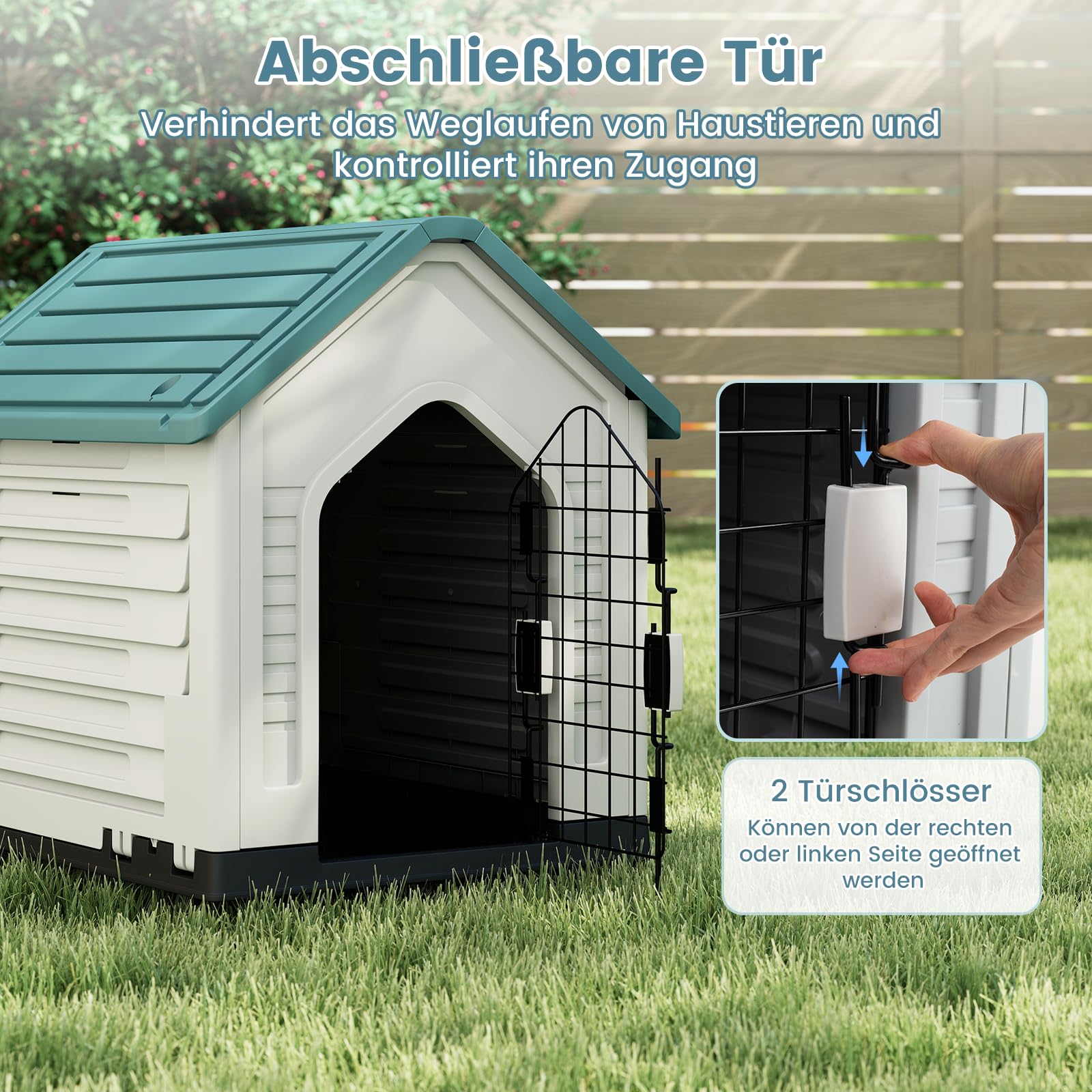 COSTWAY Hundehütte Outdoor, wetterfestes Hundehaus mit abschließbarer Metalltür, Belüftungsschlitzen, geneigtem Dach, Haustierhaus für kleine Hunde & Katzen, Hundekäfig für Indoor (Blau)
