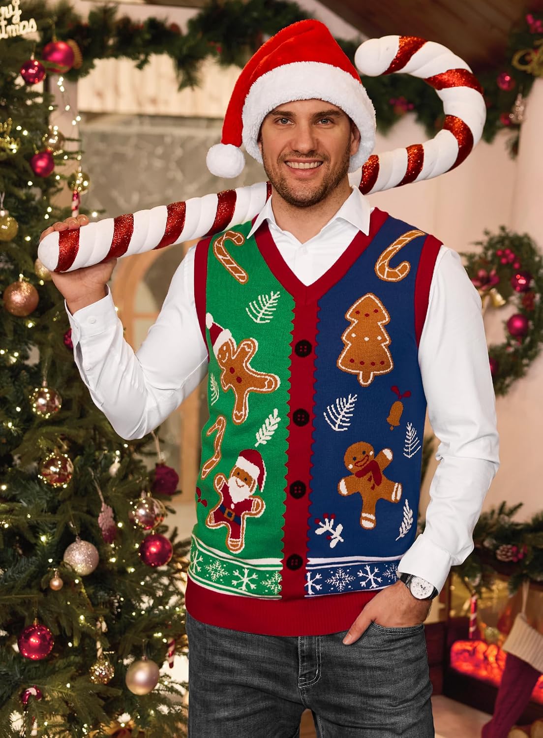 Arvilhill Mens Christmas Sweater Vest Ugly V-Neck Sleeveless Santa Gingerbread Pullover (S-3XL)