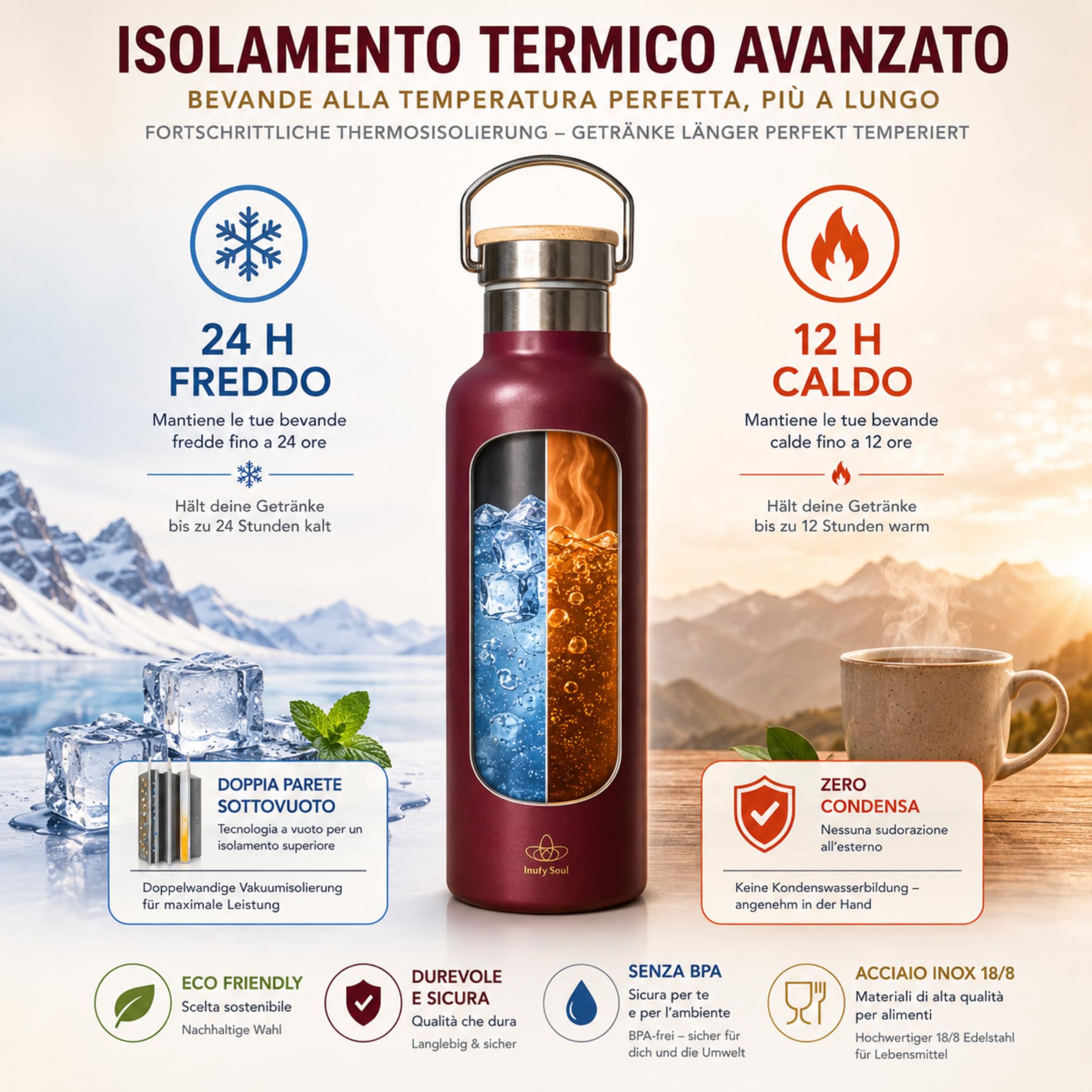 Thermosflasche 750 ml mit Blume des Lebens, Trinkflasche Edelstahl BPA-frei, Isolierflasche mit Neoprentasche für Camping, Outdoor, Sport, Büro, Yoga Geschenke für Frauen
