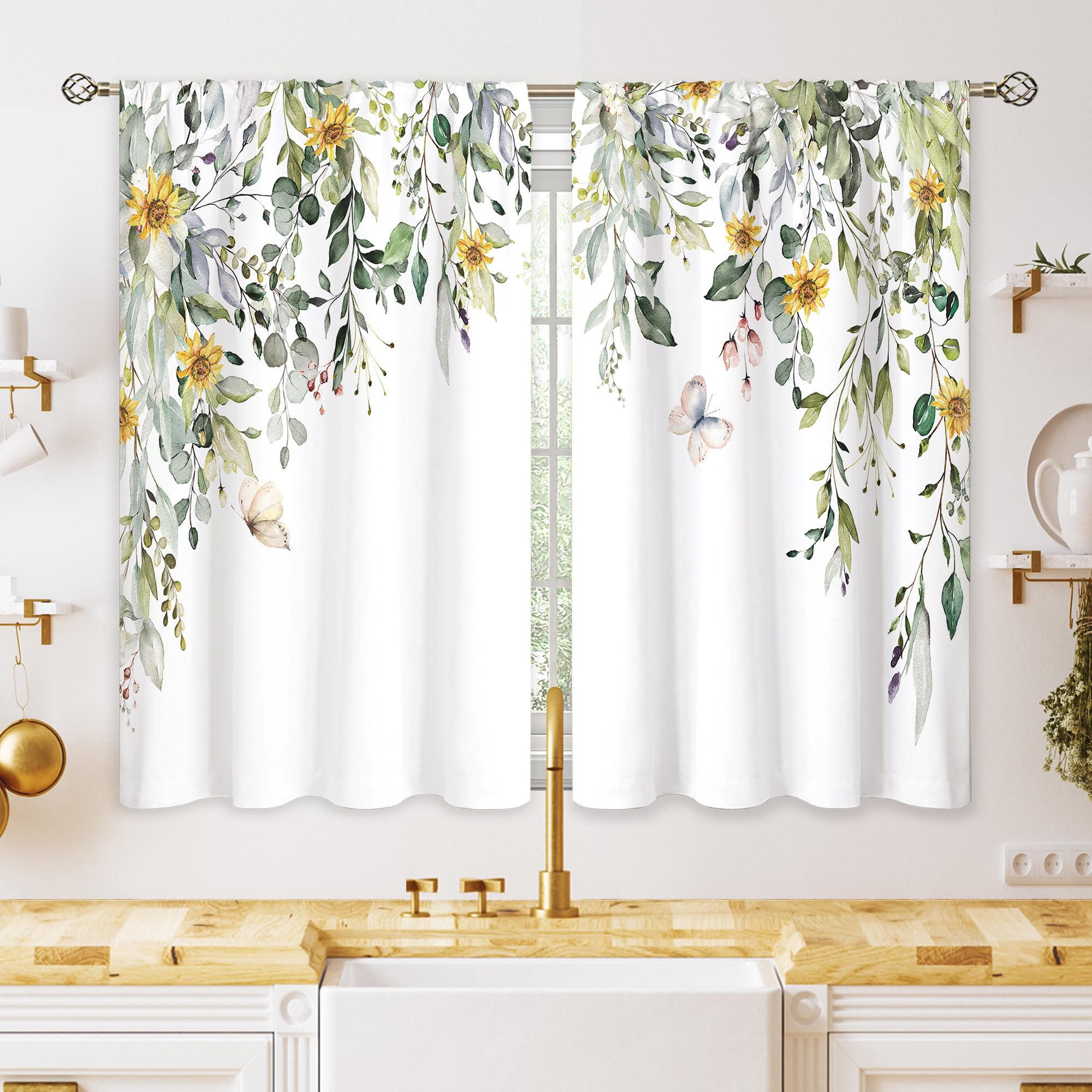 oolygoo Sage Mint Green Eucalyptus Sunflower Small Kitchen Curtains Leaf Botanical Window Treatment Flower Floral Cafe Short Window Curtains for Bathroom Dining Laundry Room Tier Treatment Drapes — image 1