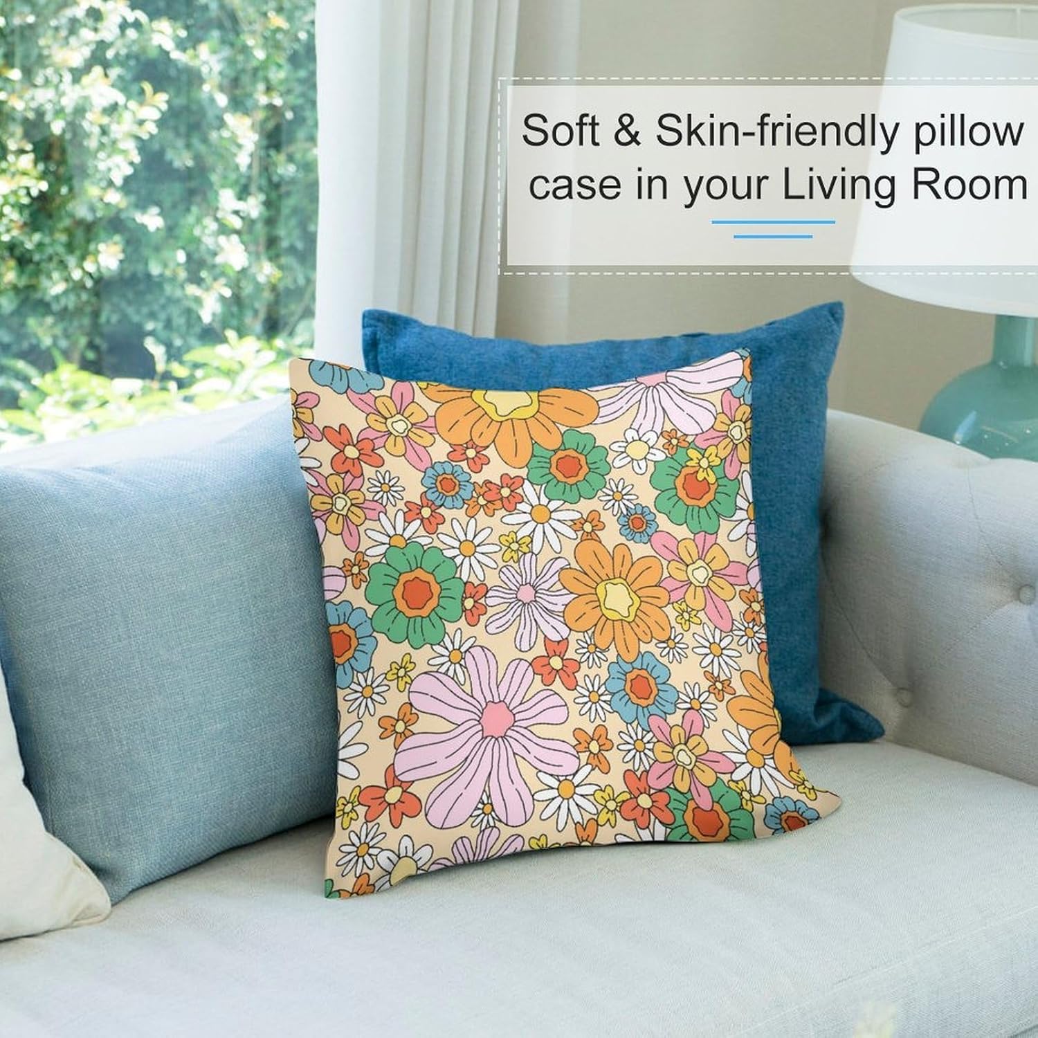 Retro Floral Throw Pillow Cover, 70s Orange Groovy Funky Hippie Cute Boho Flower Vintage Square Pillowcase Cushion Case for Home Sofa Couch Indoor Outdoor 20 "x20,Set of 2