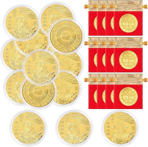 12 Pcs 2026 Chinese New Year Coins Zodiac Horse Souvenir Coin with Chinese Fu Bags Year of The Horse 2026 Gold Coins, Lunar New Year Commemorative...