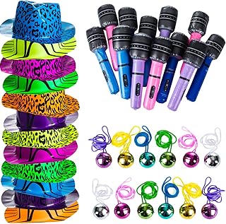 Tigerdoe Rock n Roll Party Favors - 36 Pc Set - Rock Star Party Hats, Disco Ball Necklaces, Inflatable Microphones - Rocker Party Supplies