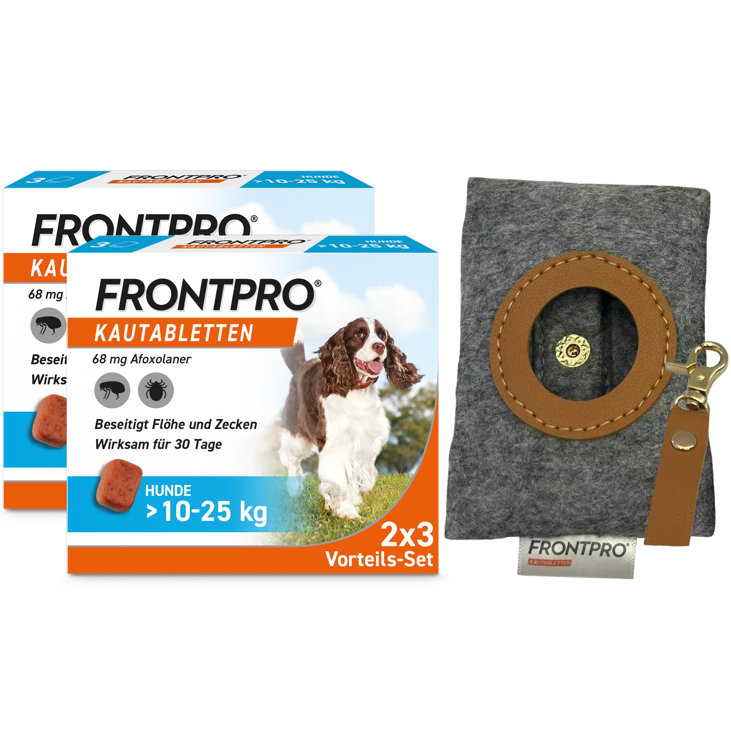 FRONTPRO Hund L - Kautablette gegen Zecken & Flöhe (Hunde 10 bis 25 kg) | 3x Kautabletten (2er Pack) für 6 Monate Schutz + Kotbeutelspender - schmeckt einfach mit oder ohne Futter