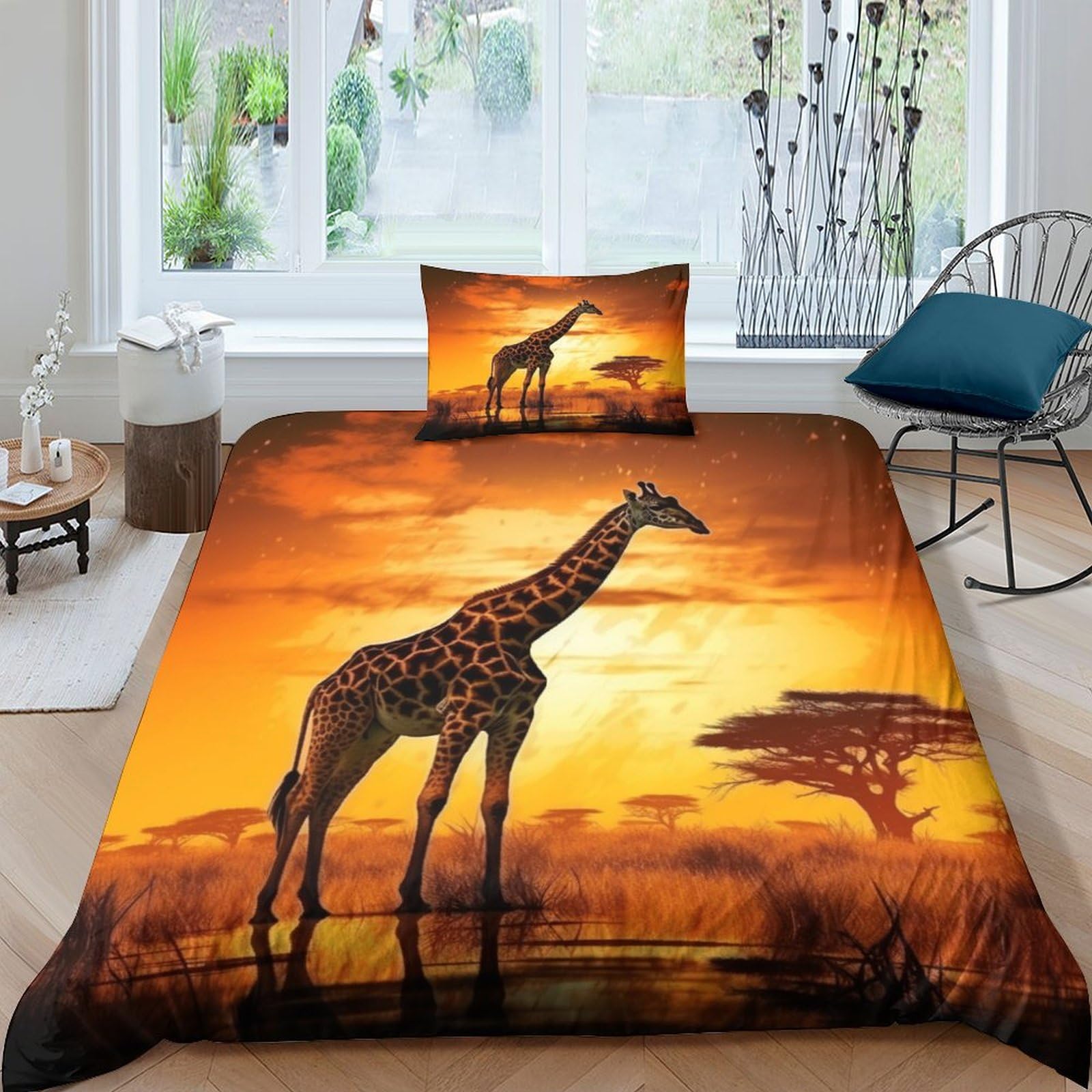 Housse de couette girafe africaine parure de lit zippée 3 pièces pour lit une place 135x200