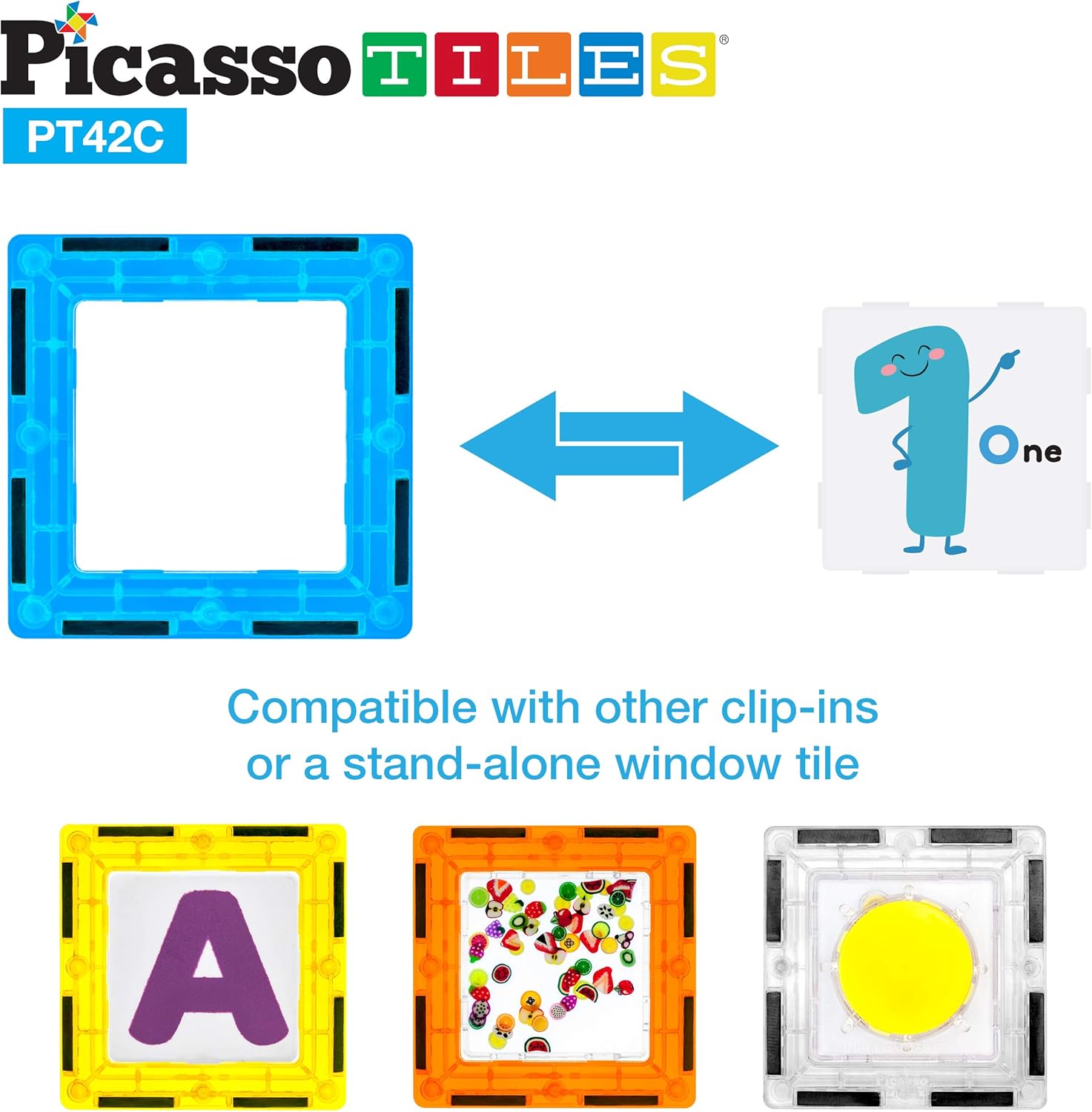 PicassoTiles 42 Piece Magnetic Building Blocks with 32pc Tiles and 10pc Click-in Educational Graphic Arts Magnet Construction Toy Set STEM Learning Playset Child Brain Development Stacking Playboard : Toys & Games