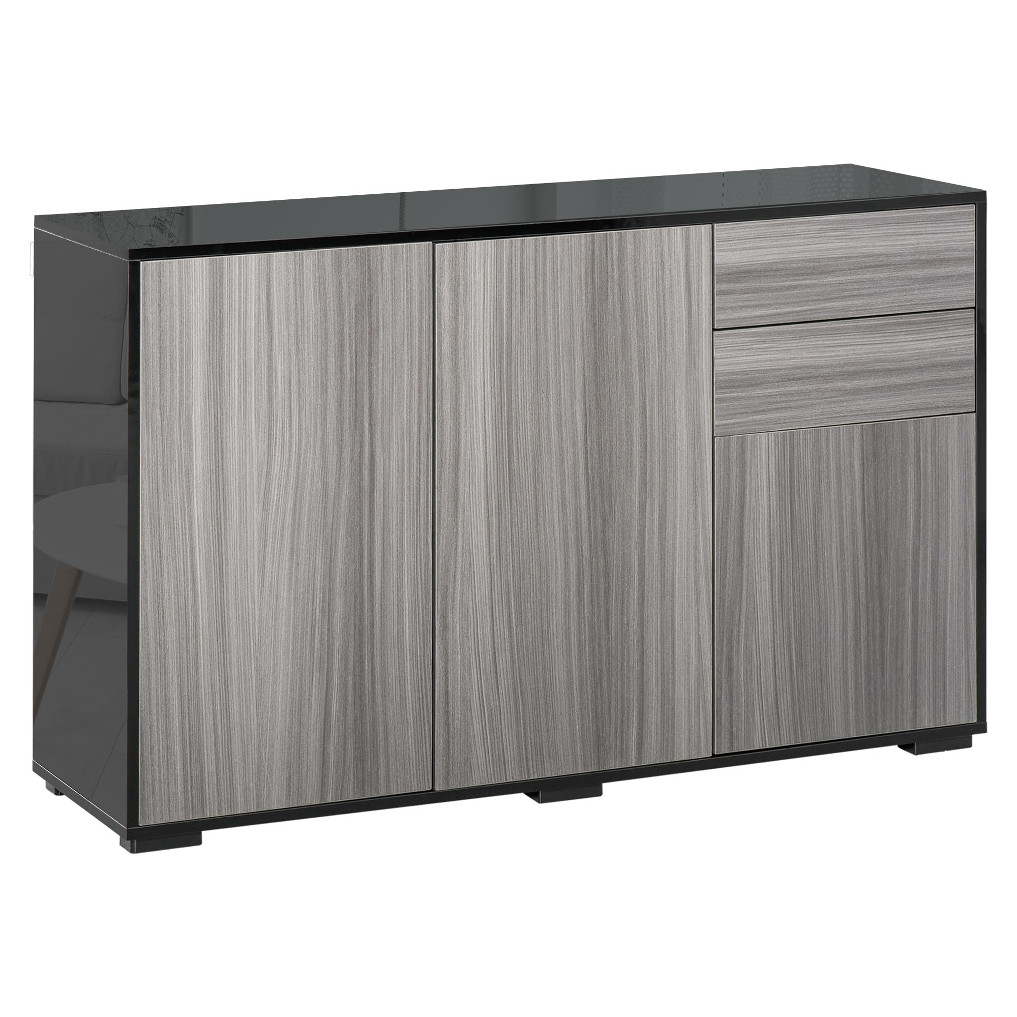 HOMCOM High Gloss Sideboard Push-Open Design with 2 Drawer Light Grey Black | Side Cabinet with 3 Doors, Living Room, Bedroom