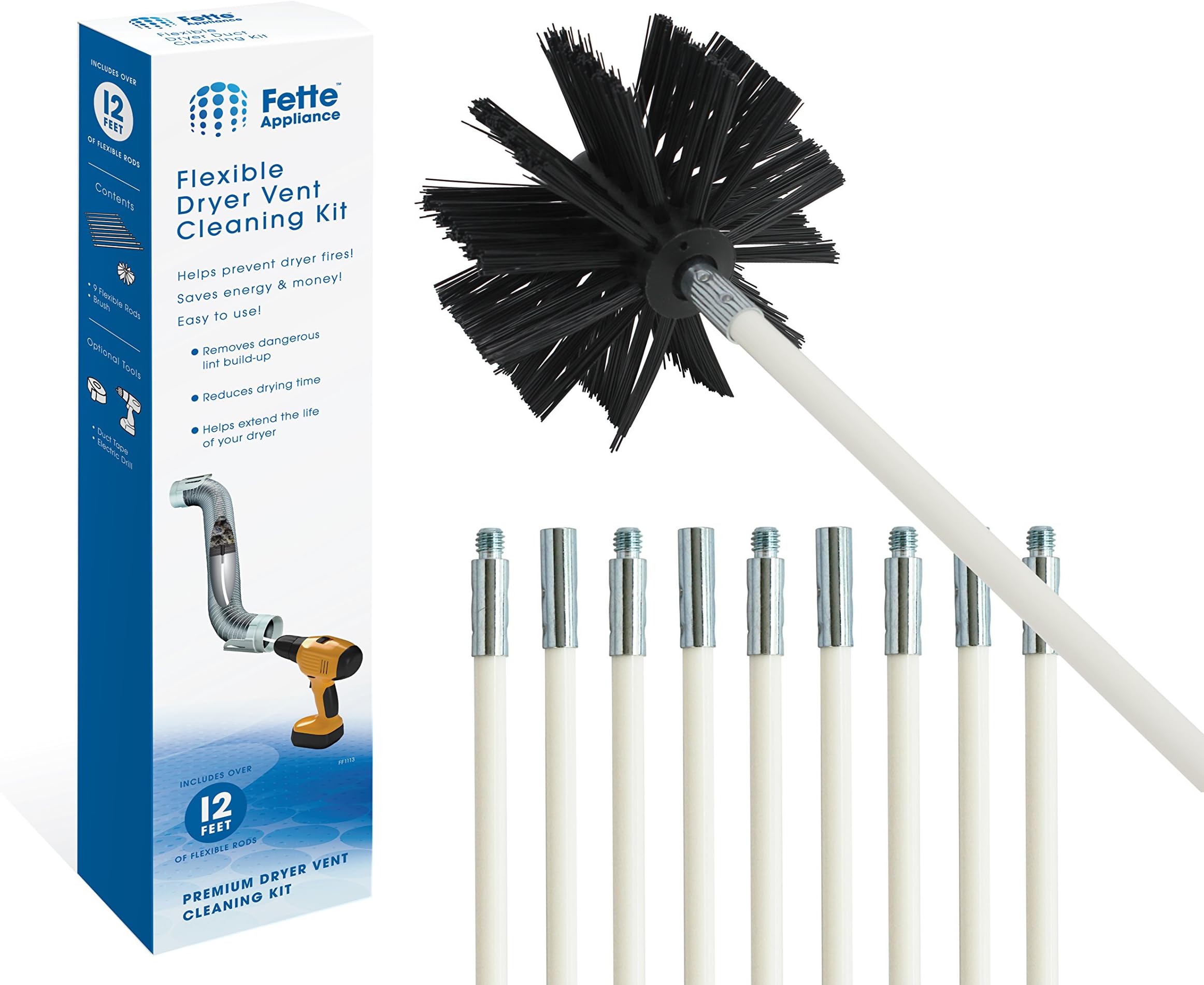 Fette Appliance - Flexible Dryer Vent Cleaning Kit, Lint Remover, Extends up to 12 Feet, Synthetic Brush Head, Use with or Without a Power Drill (12 Feet)