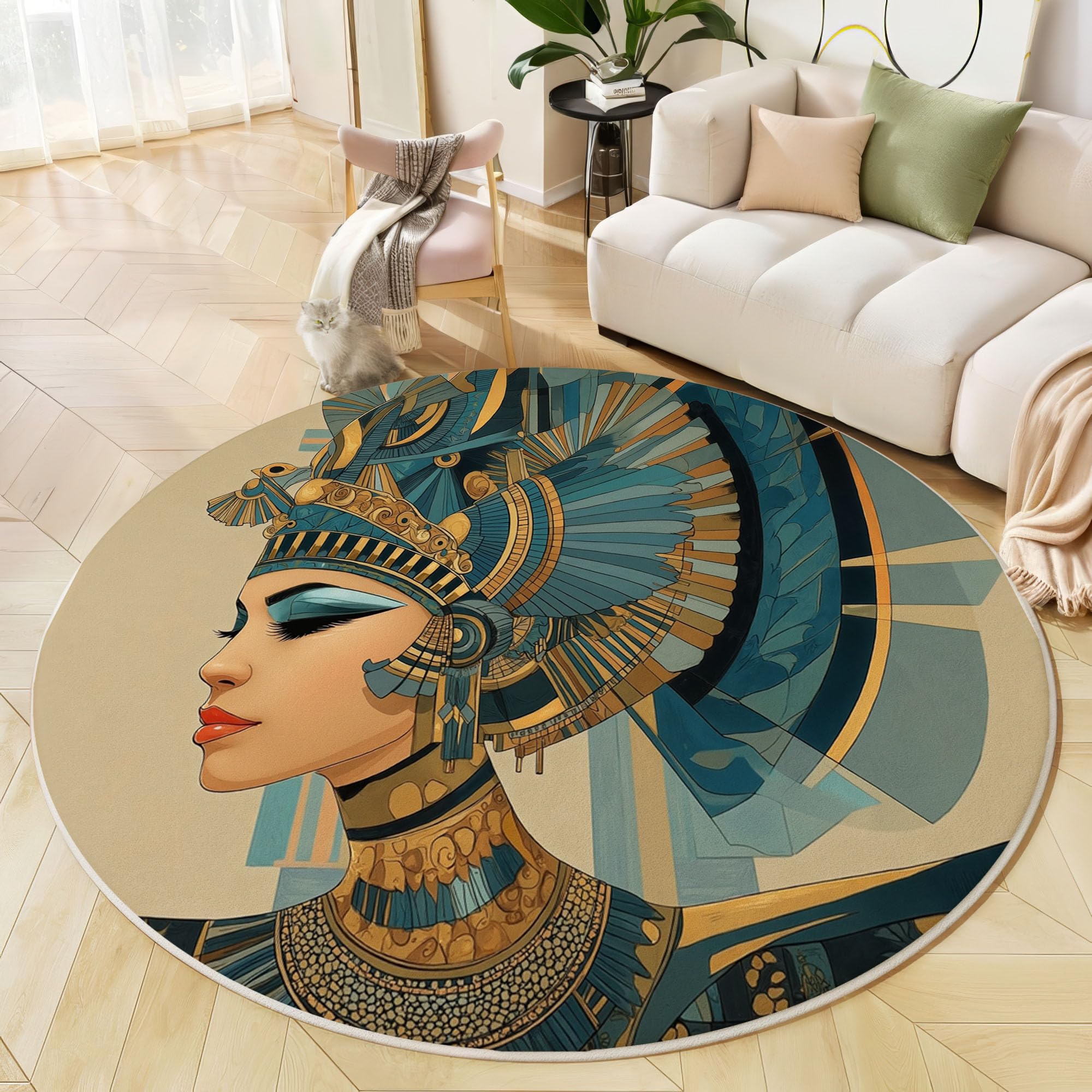 Tapis salon rond poil ras 80 cm beige motif égyptien lavable