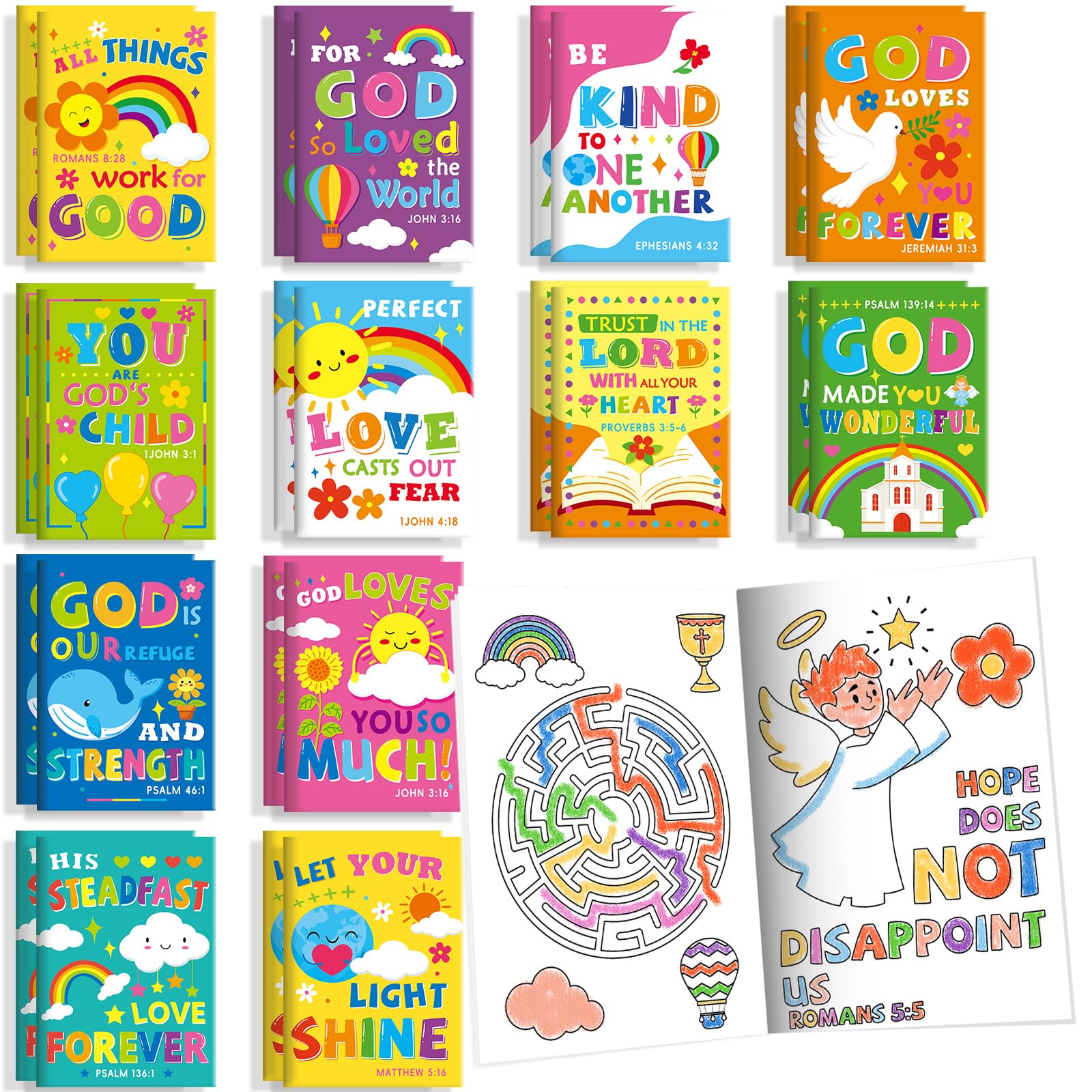 BenLouis 24 Pcs Bible Verses Mini Coloring Books Kids Christian Party Favors Small Activity Books Bulk for Kids Sunday School Religious Church Goodie Bags Stuffers Return Gifts Classroom Travel