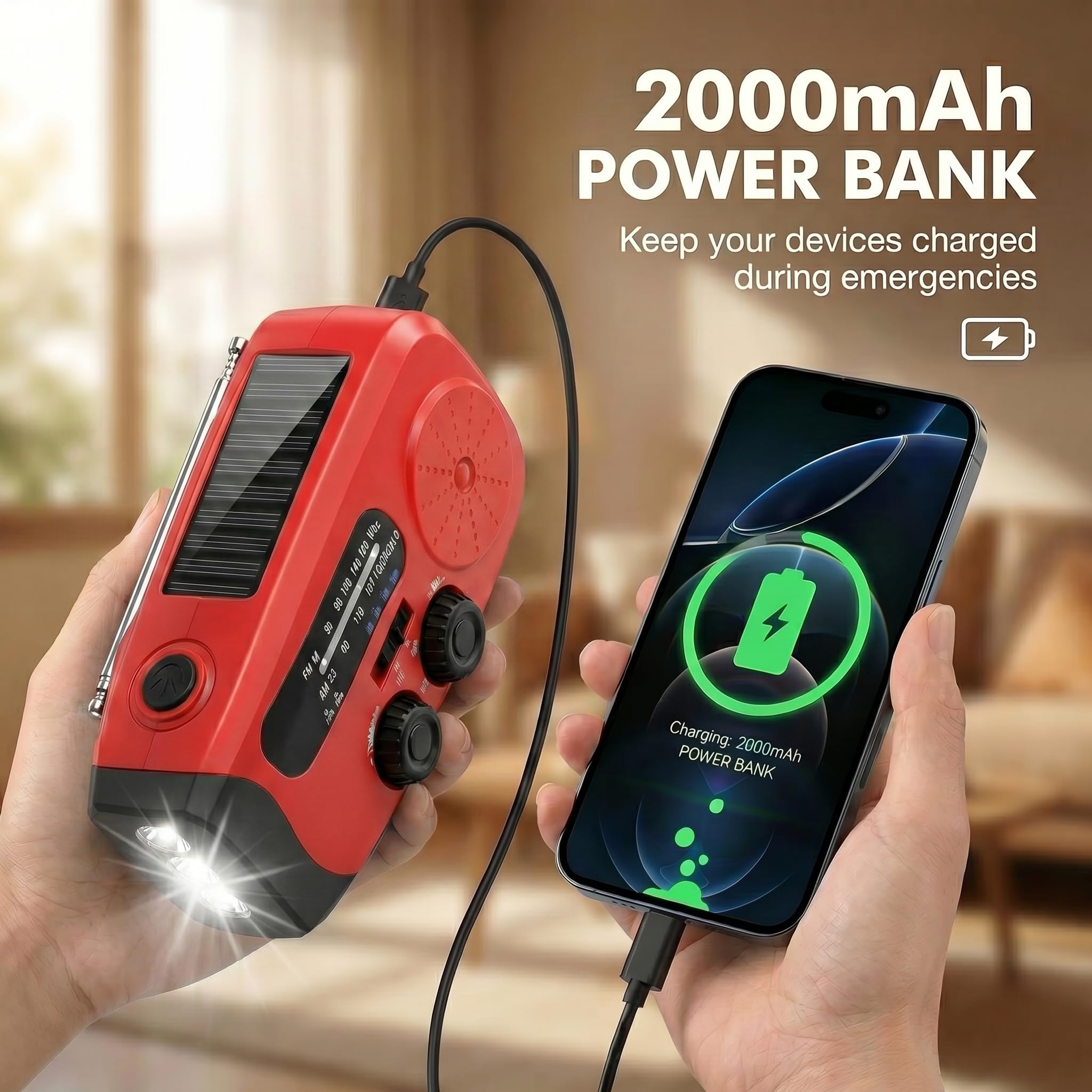 Emergency Radio Solar Kurbelradio con 3LED Linterna, 2000mAh Powerbank y SOS-Alarm – Radio Portátil para Kit de Emergencia Familiar, Camping, Aire Libre, Huracán, Terremotos