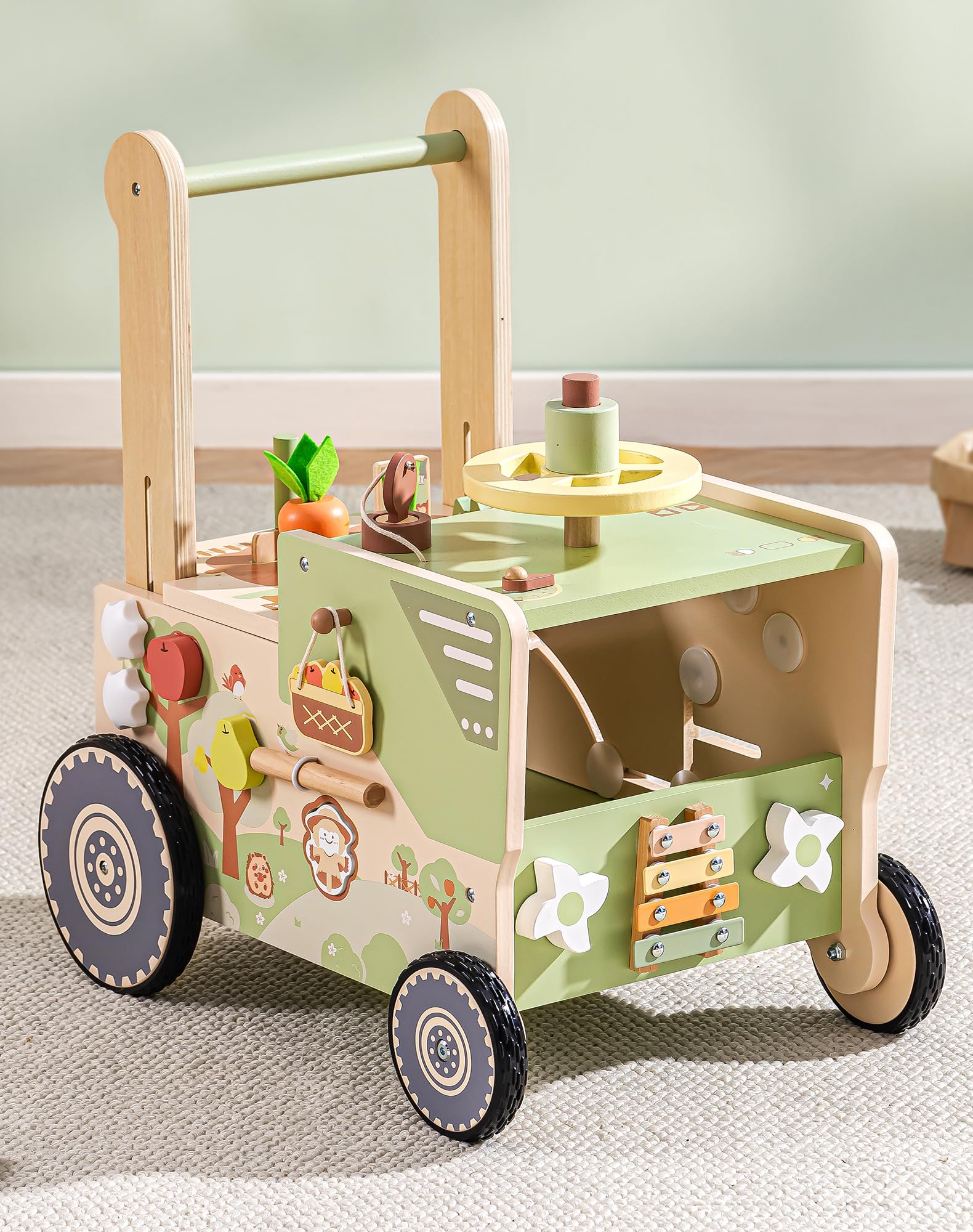ROBOTIME Girello giocattolo in legno per bambini, con ruote, centro attività a tema fattoria per ragazze e ragazzi, velocità regolabile per imparare a camminare